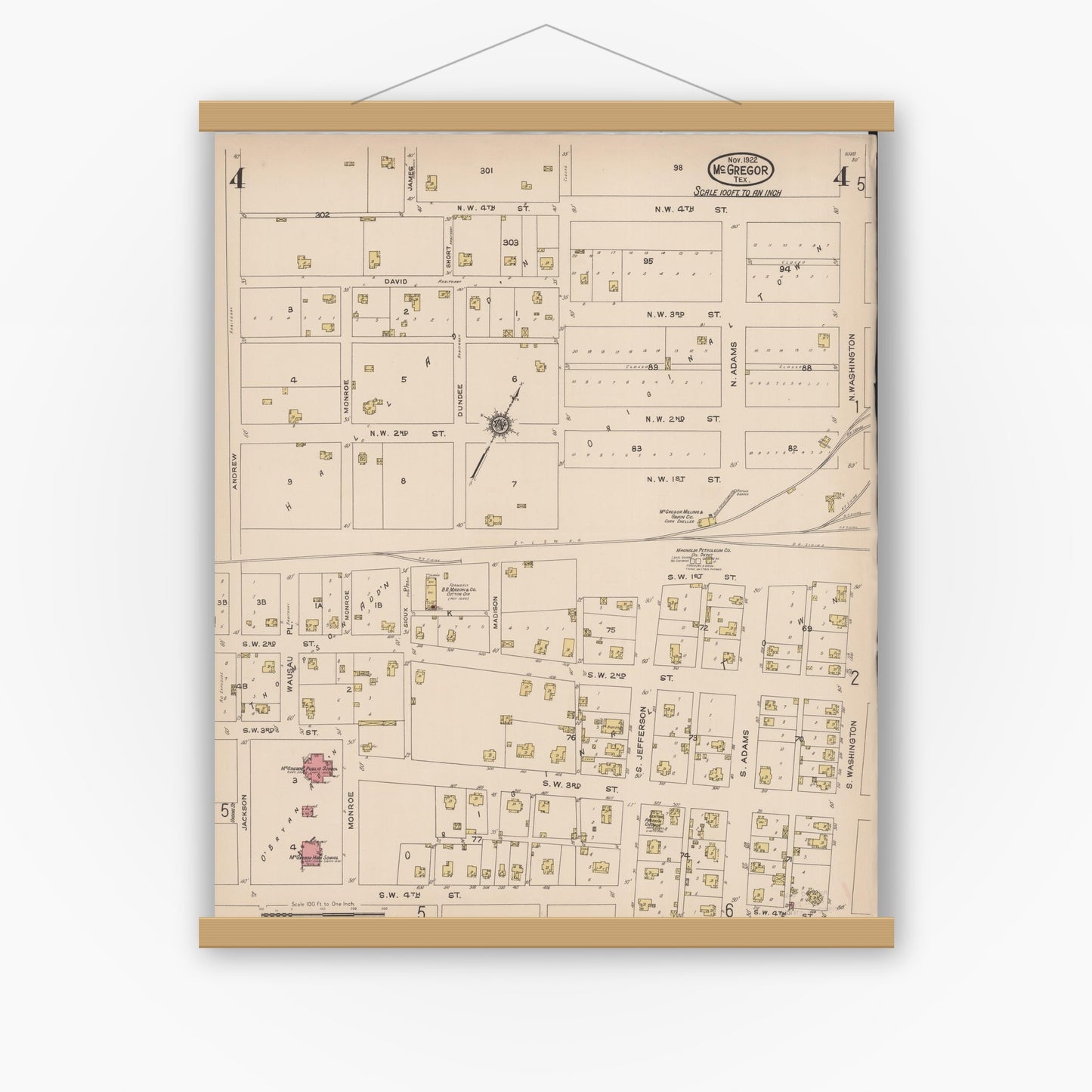 Old map wall art mockup — magnetic wood frame on white wall — Sanborn Fire Insurance Map from McGregor, McLennan County, Texas (1922), Sheet #0004