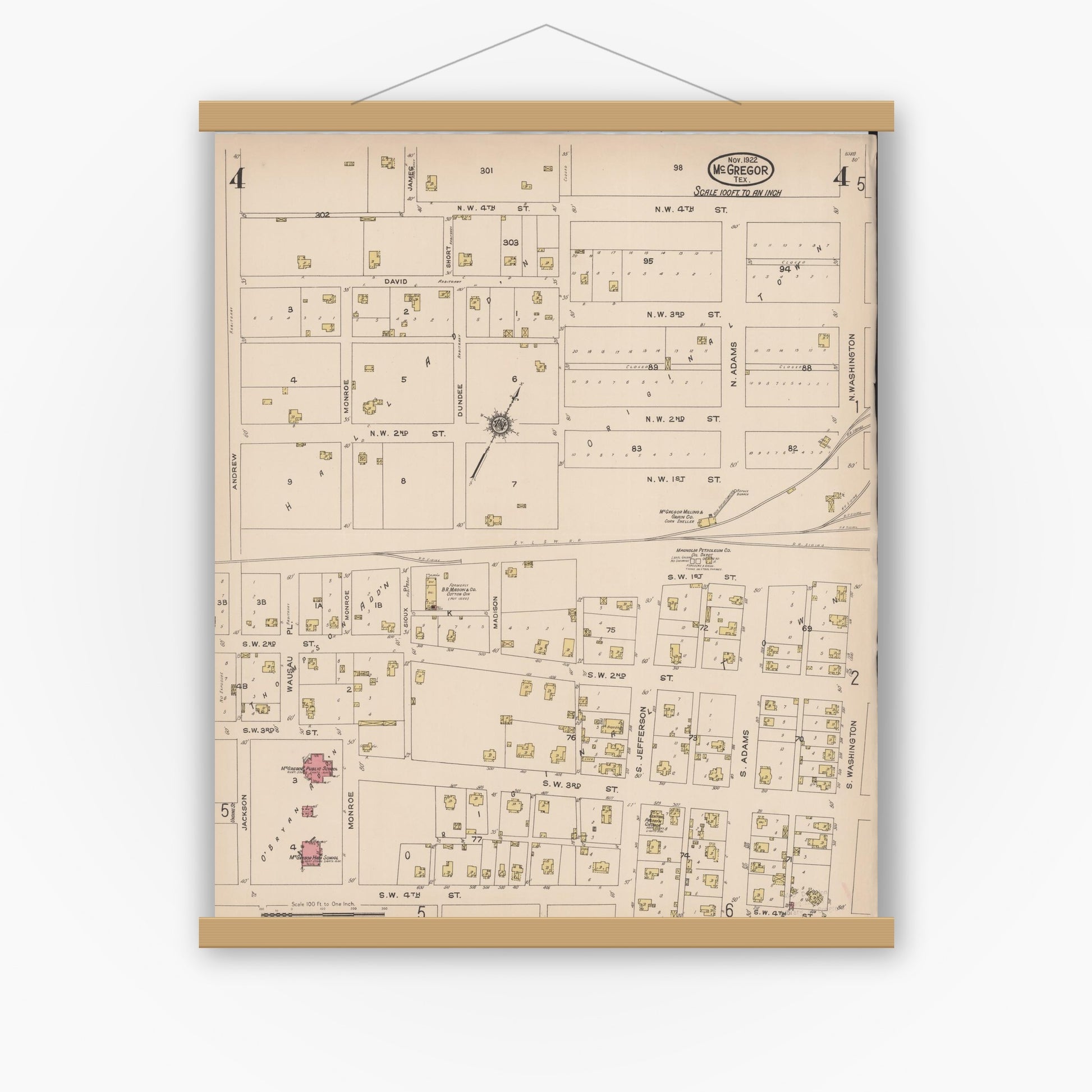 Old map wall art mockup — magnetic wood frame on white wall — Sanborn Fire Insurance Map from McGregor, McLennan County, Texas (1922), Sheet #0004