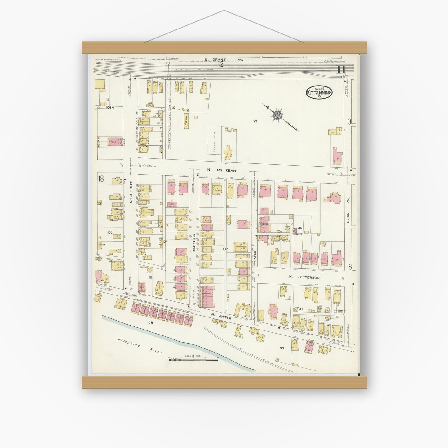 Old map wall art mockup — magnetic wood frame on white wall — Sanborn Fire Insurance Map from Kittanning, Armstrong County, Pennsylvania (1913), Sheet #0011
