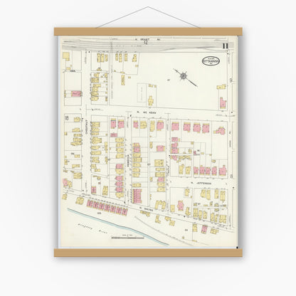 Old map wall art mockup — magnetic wood frame on white wall — Sanborn Fire Insurance Map from Kittanning, Armstrong County, Pennsylvania (1913), Sheet #0011