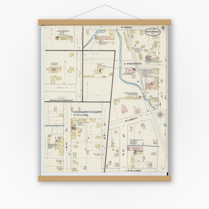 Old map wall art mockup — magnetic wood frame on white wall — Sanborn Fire Insurance Map from Ann Arbor, Washtenaw County, Michigan (1888), Sheet #0006