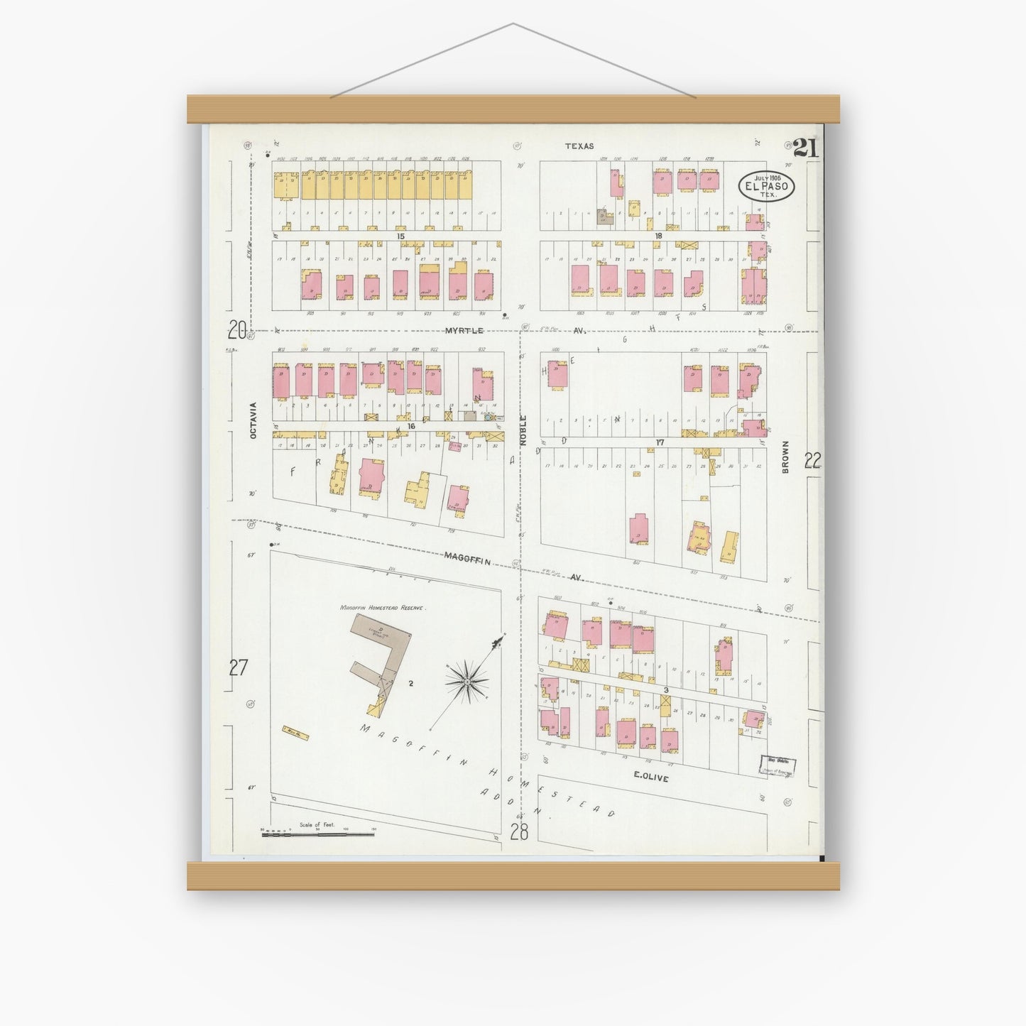 Old map wall art mockup — magnetic wood frame on white wall — Sanborn Fire Insurance Map from El Paso, El Paso County, Texas (1905), Sheet #0021