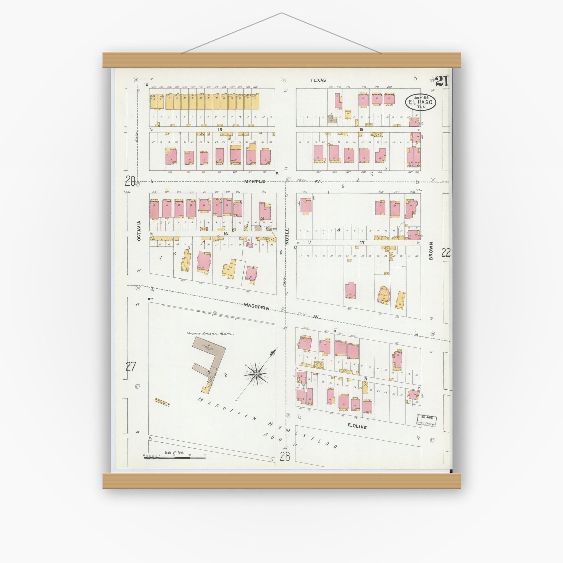 Old map wall art mockup — magnetic wood frame on white wall — Sanborn Fire Insurance Map from El Paso, El Paso County, Texas (1905), Sheet #0021