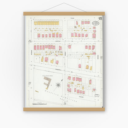 Old map wall art mockup — magnetic wood frame on white wall — Sanborn Fire Insurance Map from El Paso, El Paso County, Texas (1905), Sheet #0021