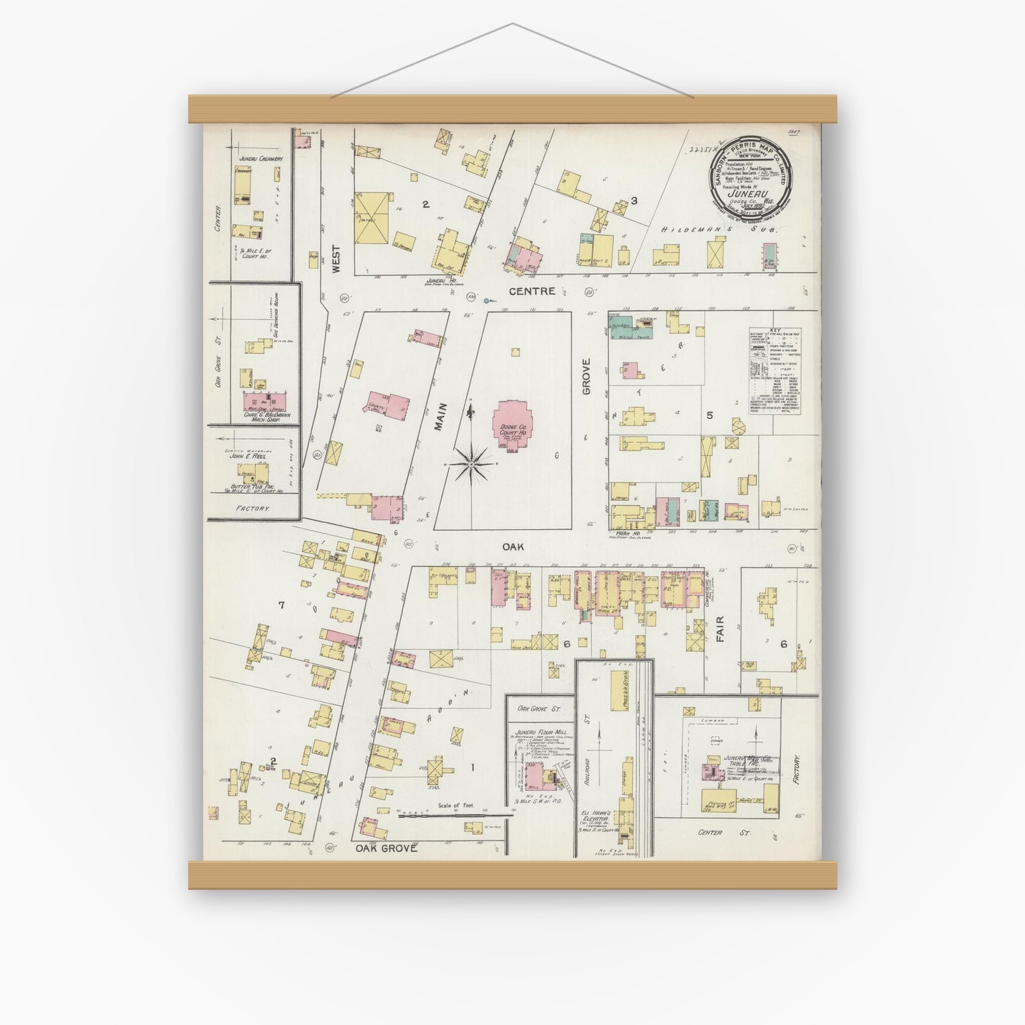 Old map wall art mockup — magnetic wood frame on white wall — Sanborn Fire Insurance Map from Juneau, Dodge County, Wisconsin (1892), Sheet #0001