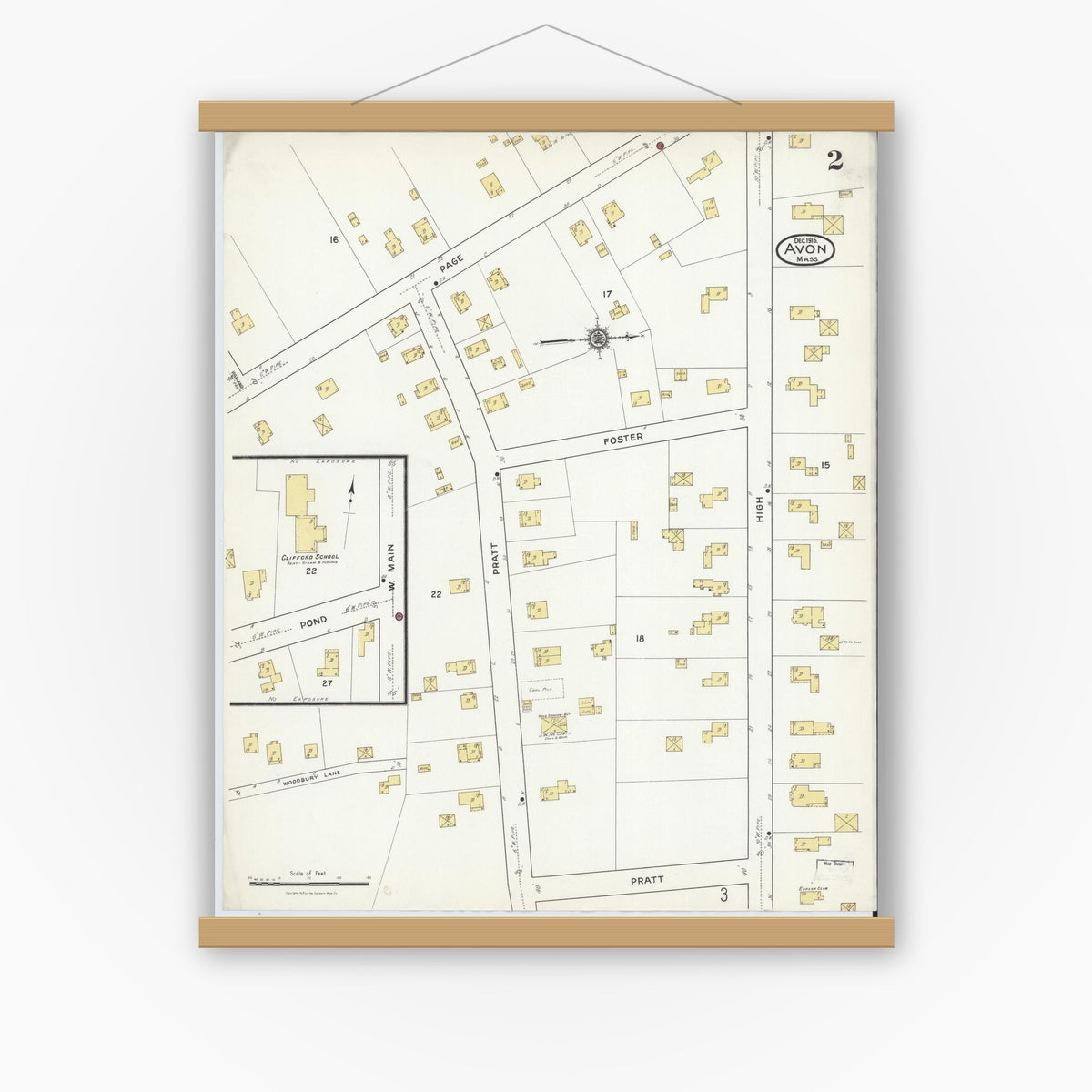 Old map wall art mockup — magnetic wood frame on white wall — Sanborn Fire Insurance Map from Avon, Norfolk County, Massachusetts (1916), Sheet #0002