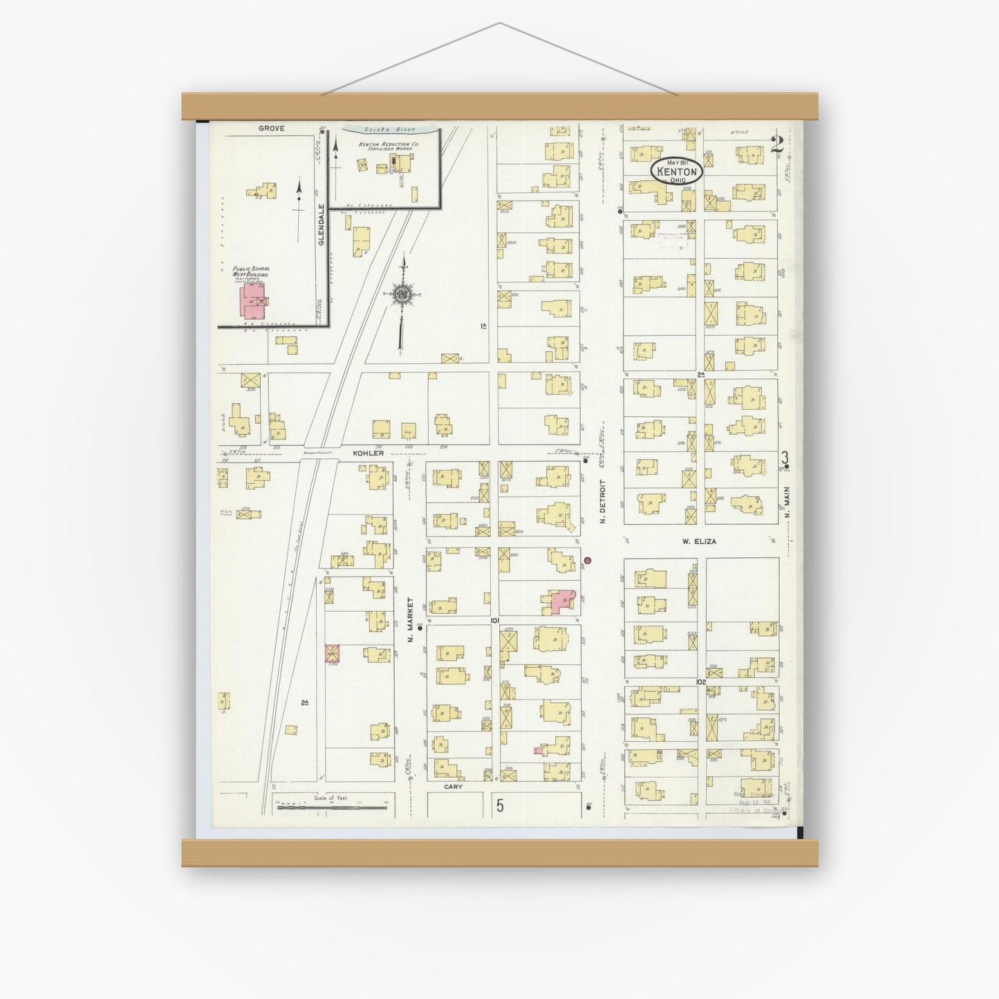 Old map wall art mockup — magnetic wood frame on white wall — Sanborn Fire Insurance Map from Kenton, Hardin County, Ohio (1911), Sheet #0002