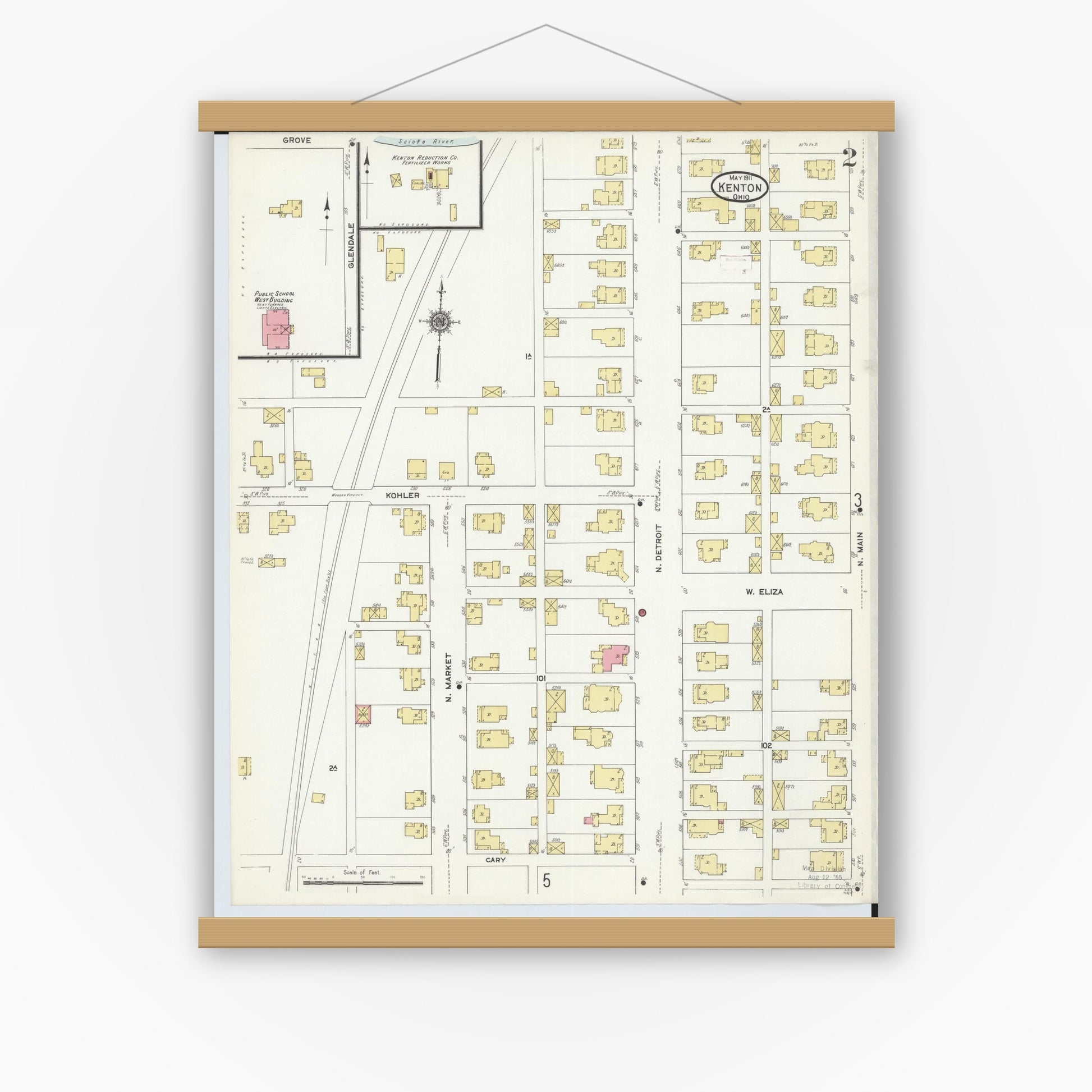 Old map wall art mockup — magnetic wood frame on white wall — Sanborn Fire Insurance Map from Kenton, Hardin County, Ohio (1911), Sheet #0002