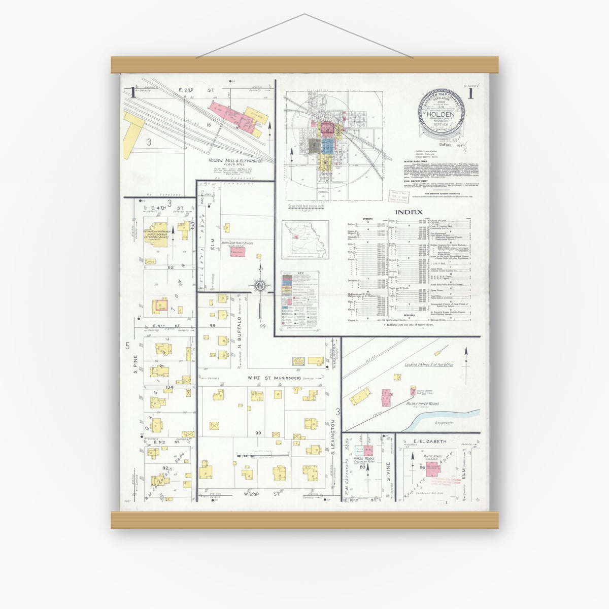 Old map wall art mockup — magnetic wood frame on white wall — Sanborn Fire Insurance Map from Holden, Johnson County, Missouri (1931), Sheet #0001