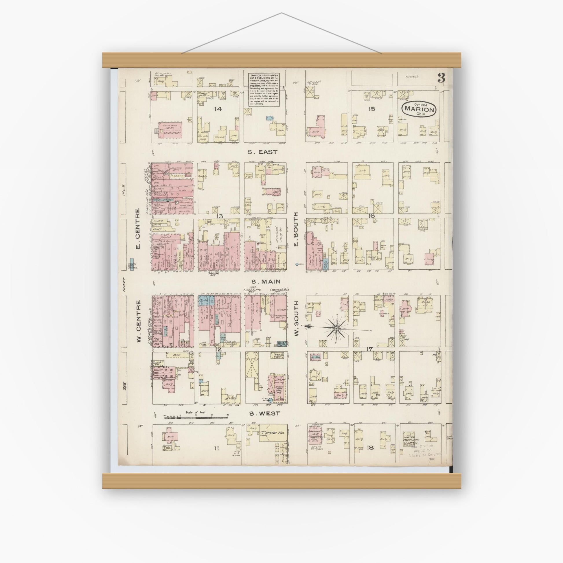 Old map wall art mockup — magnetic wood frame on white wall — Sanborn Fire Insurance Map from Marion, Marion County, Ohio (1884), Sheet #0003