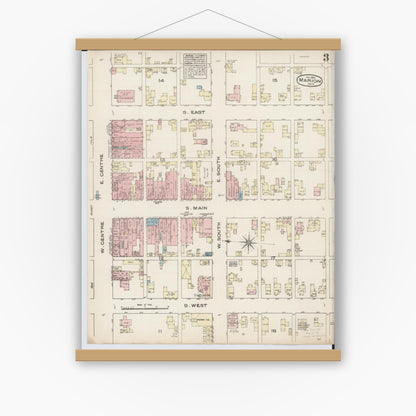 Old map wall art mockup — magnetic wood frame on white wall — Sanborn Fire Insurance Map from Marion, Marion County, Ohio (1884), Sheet #0003