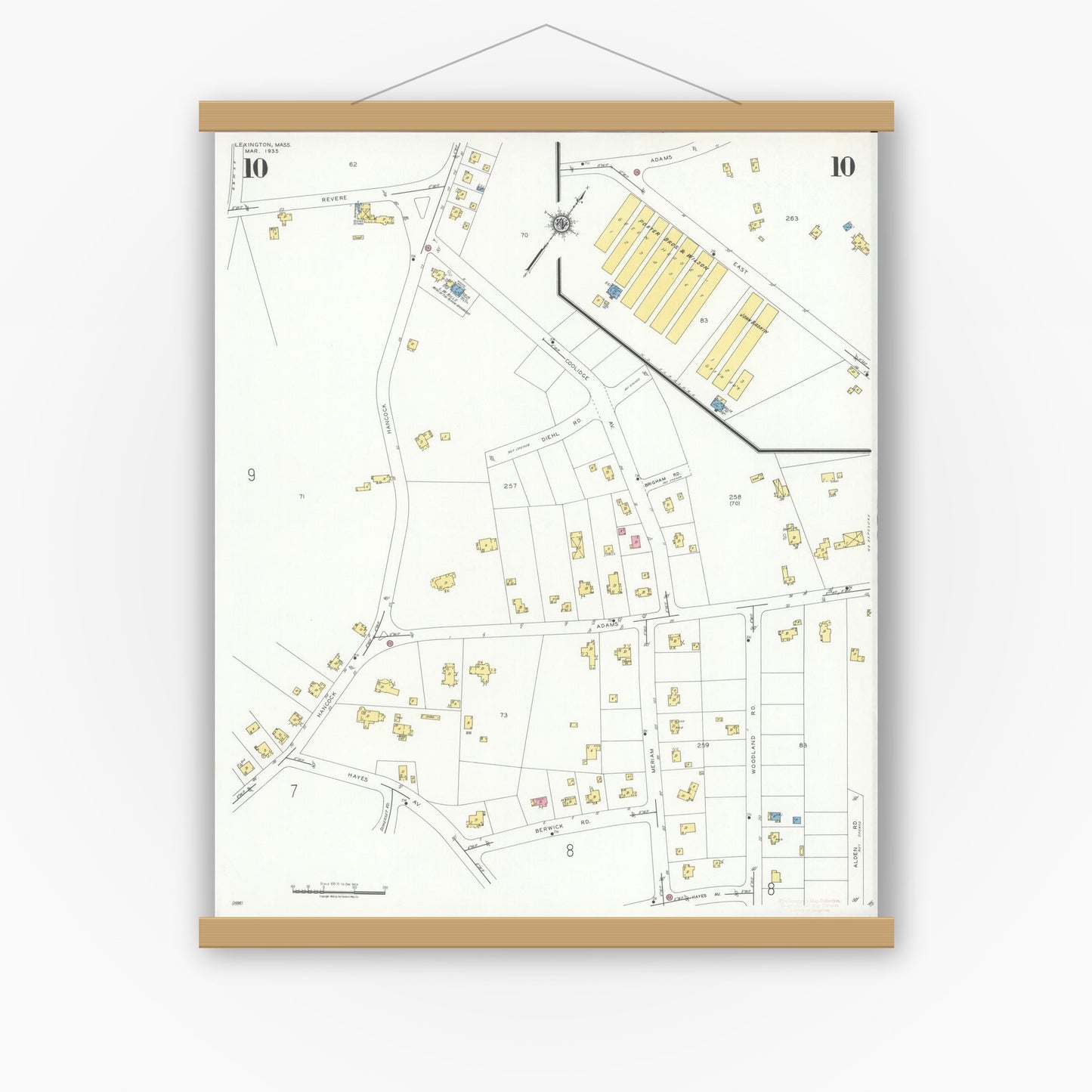 Old map wall art mockup — magnetic wood frame on white wall — Sanborn Fire Insurance Map from Lexington, Middlesex County, Massachusetts (1935), Sheet #0010