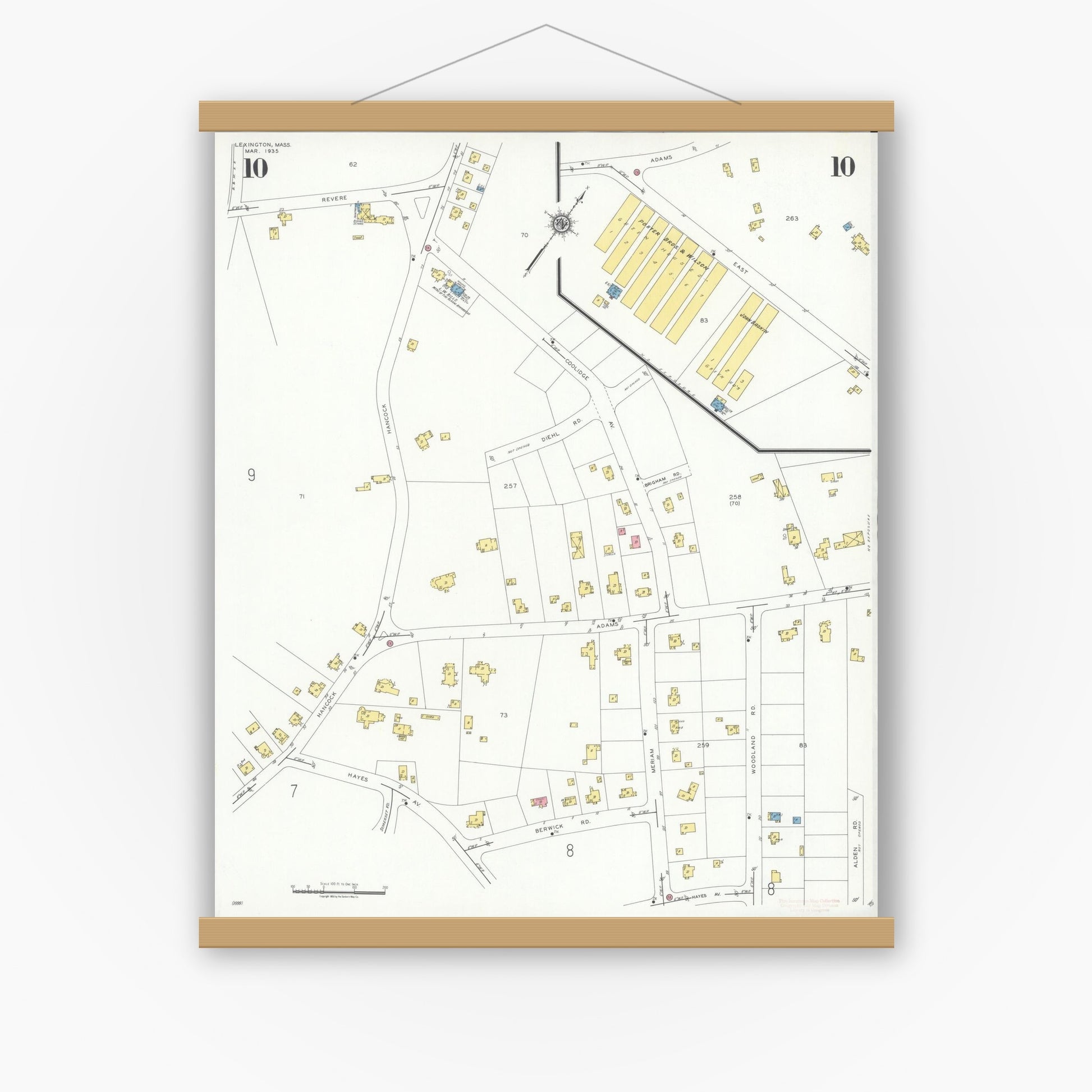 Old map wall art mockup — magnetic wood frame on white wall — Sanborn Fire Insurance Map from Lexington, Middlesex County, Massachusetts (1935), Sheet #0010