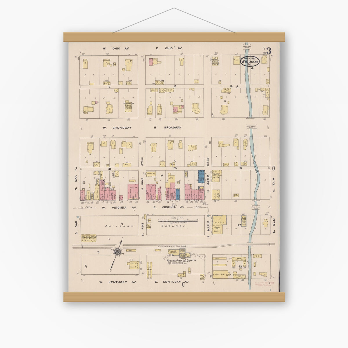 Old map wall art mockup — magnetic wood frame on white wall — Sanborn Fire Insurance Map from Windsor, Shelby County, Illinois (1922), Sheet #0003