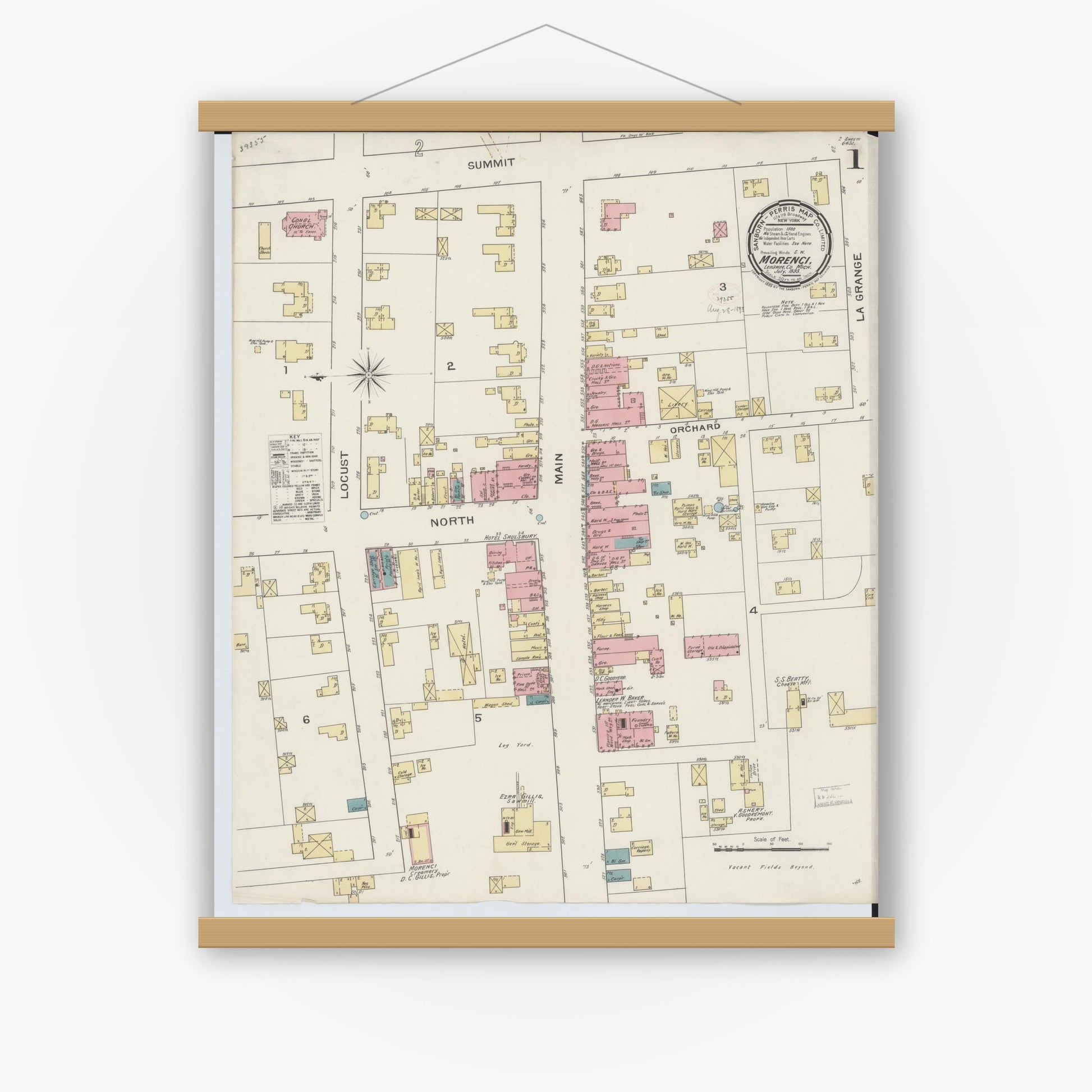 Old map wall art mockup — magnetic wood frame on white wall — Sanborn Fire Insurance Map from Morenci, Lenawee County, Michigan (1893) - Complete Map Set
