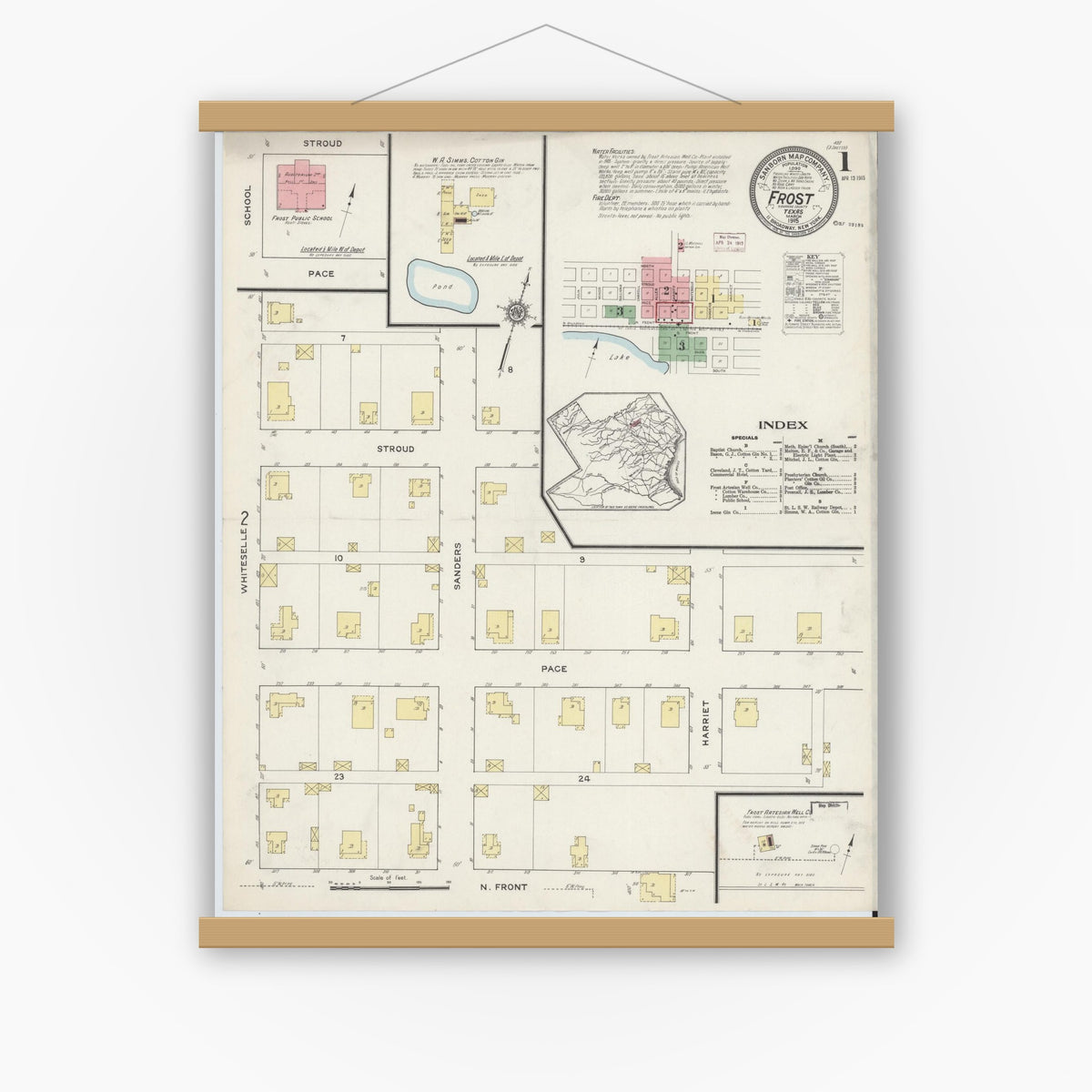 Old map wall art mockup — magnetic wood frame on white wall — Sanborn Fire Insurance Map from Frost, Navarro County, Texas (1915) - Complete Map Set