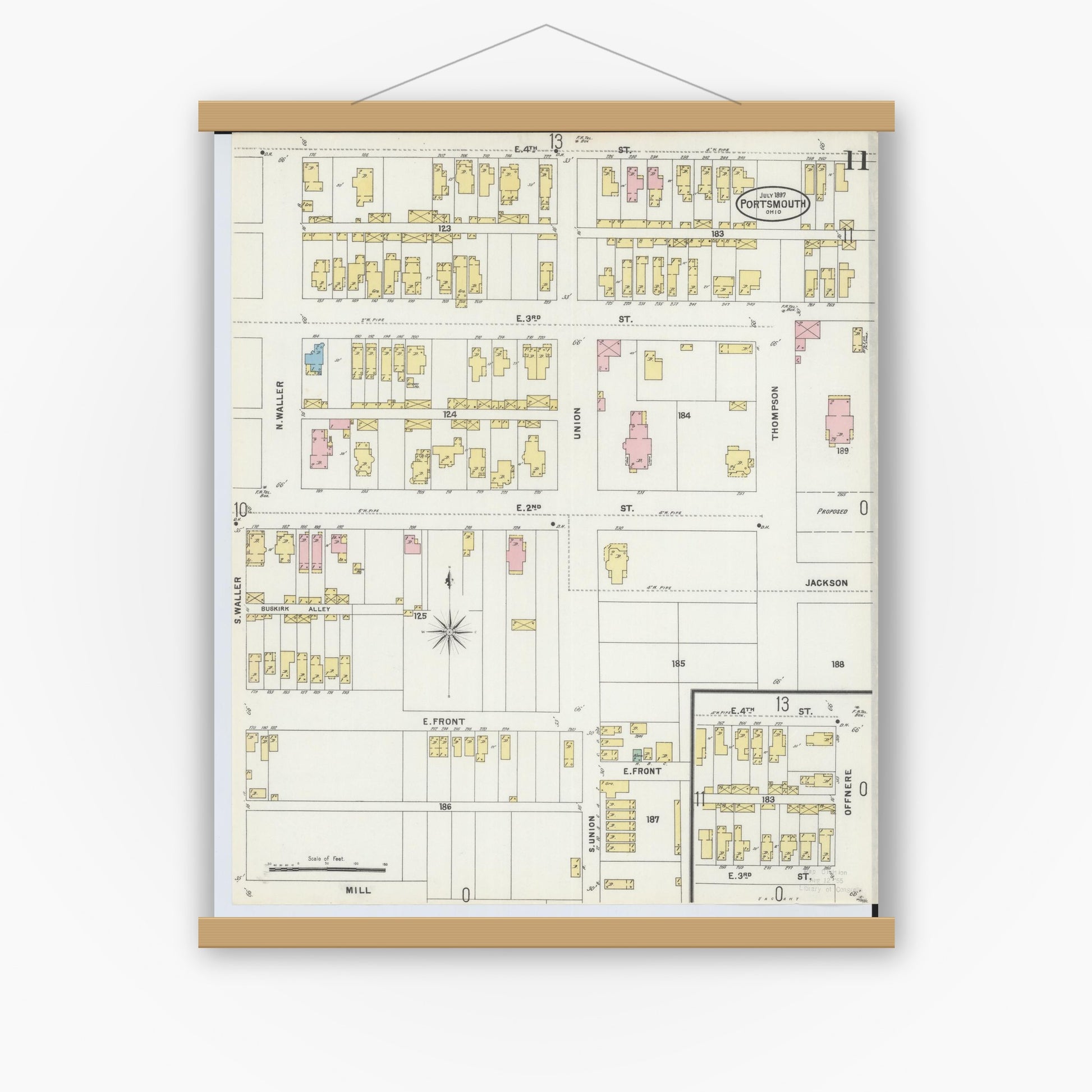 Old map wall art mockup — magnetic wood frame on white wall — Sanborn Fire Insurance Map from Portsmouth, Scioto County, Ohio (1897), Sheet #0011