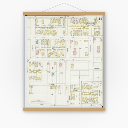 Old map wall art mockup — magnetic wood frame on white wall — Sanborn Fire Insurance Map from Portsmouth, Scioto County, Ohio (1897), Sheet #0011