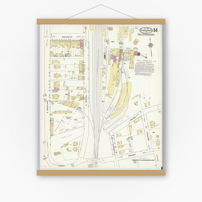 Old map wall art mockup — magnetic wood frame on white wall — Sanborn Fire Insurance Map from Stroudsburg, Monroe County, Pennsylvania (1912), Sheet #0014