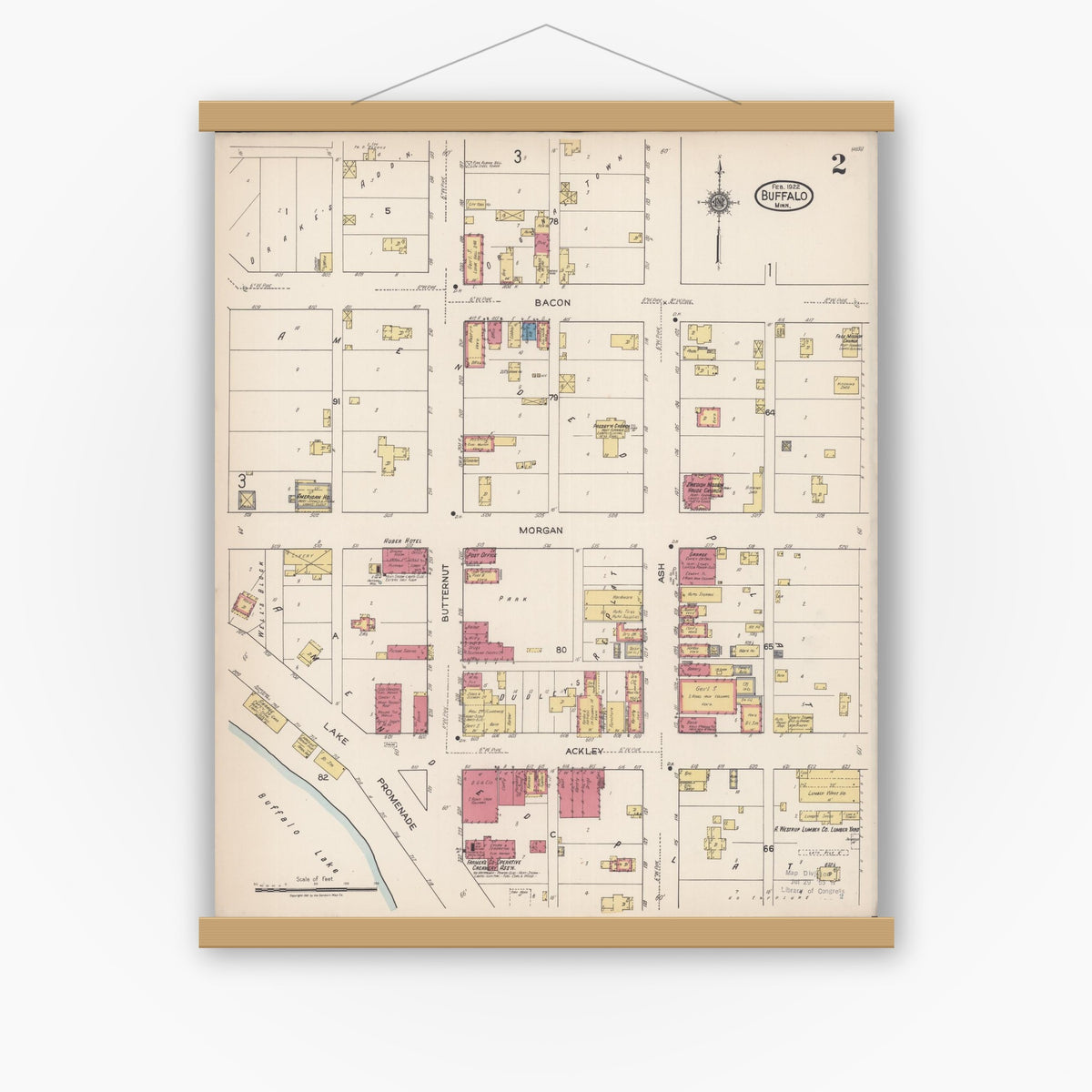 Old map wall art mockup — magnetic wood frame on white wall — Sanborn Fire Insurance Map from Buffalo, Wright County, Minnesota (1922), Sheet #0002