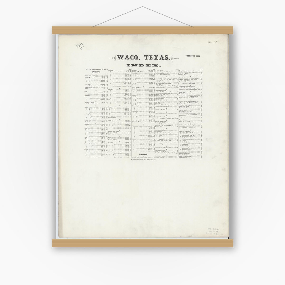 Old map wall art mockup — magnetic wood frame on white wall — Sanborn Fire Insurance Map from Waco, McLennan County, Texas (1893), Sheet #0001