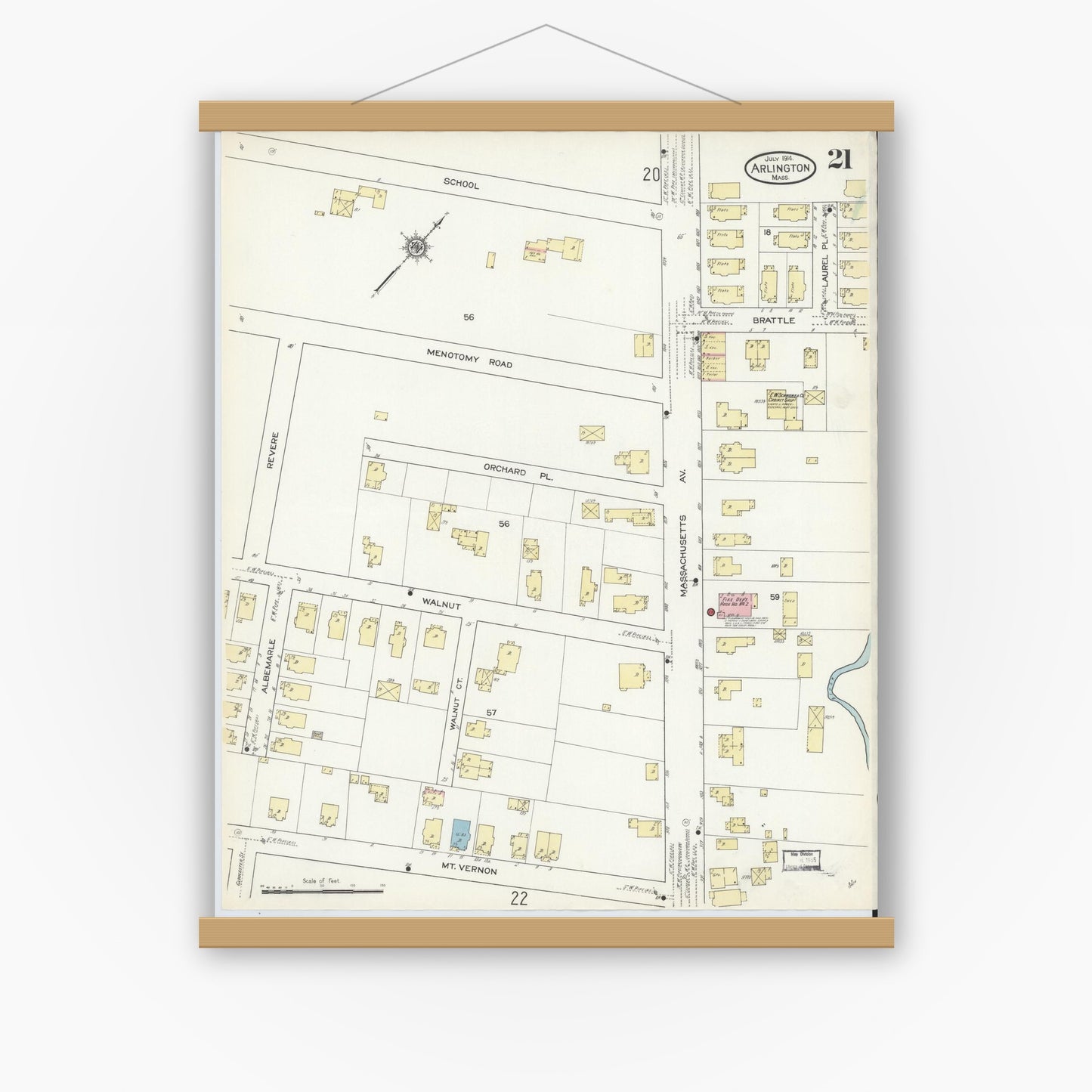 Old map wall art mockup — magnetic wood frame on white wall — Sanborn Fire Insurance Map from Arlington, Middlesex County, Massachusetts (1914), Sheet #0021