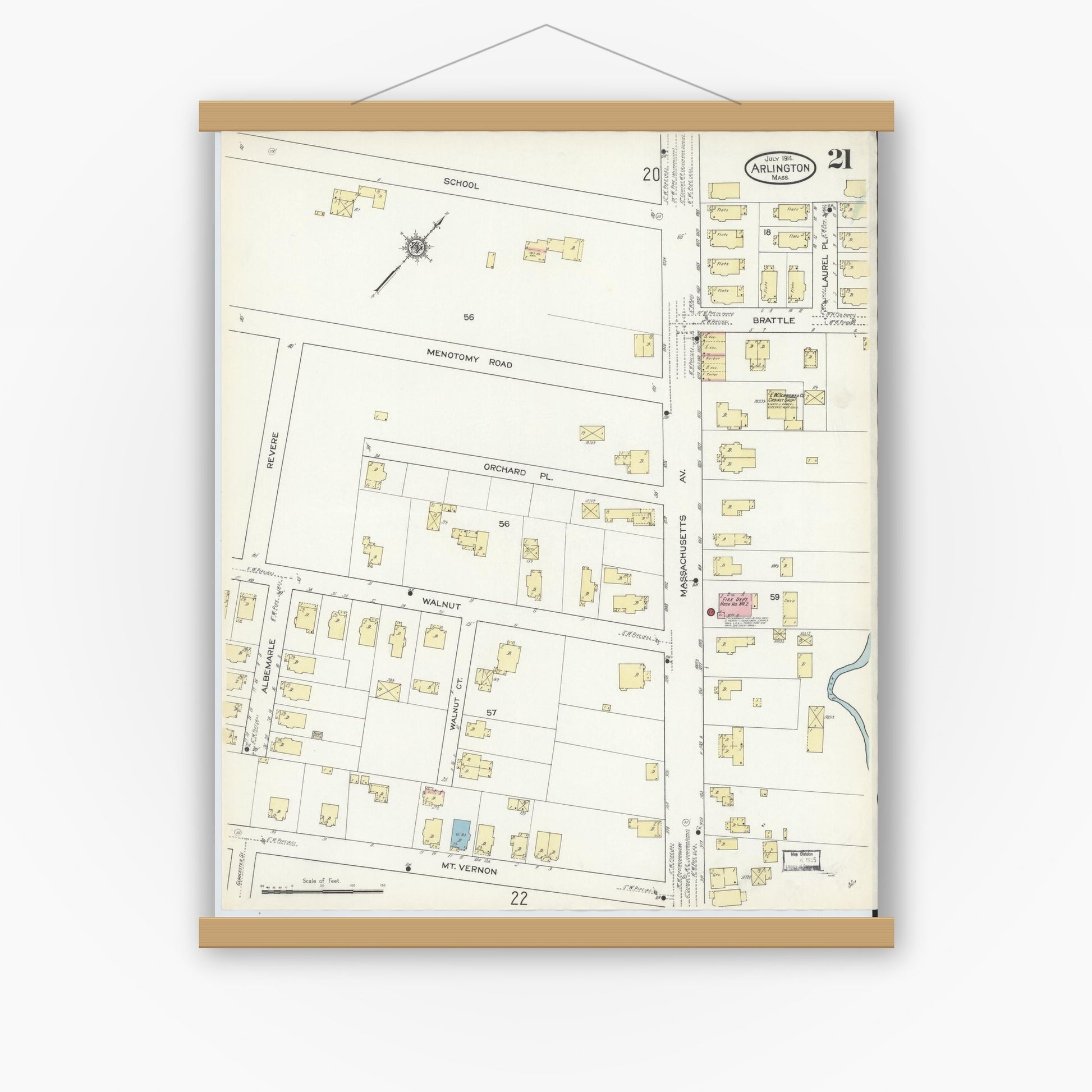 Old map wall art mockup — magnetic wood frame on white wall — Sanborn Fire Insurance Map from Arlington, Middlesex County, Massachusetts (1914), Sheet #0021