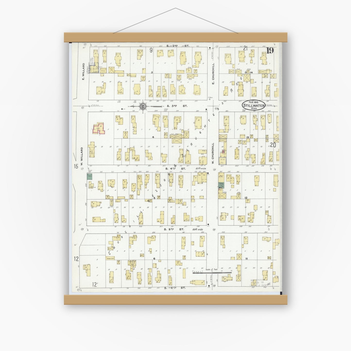 Old map wall art mockup — magnetic wood frame on white wall — Sanborn Fire Insurance Map from Stillwater, Washington County, Minnesota (1910), Sheet #0019