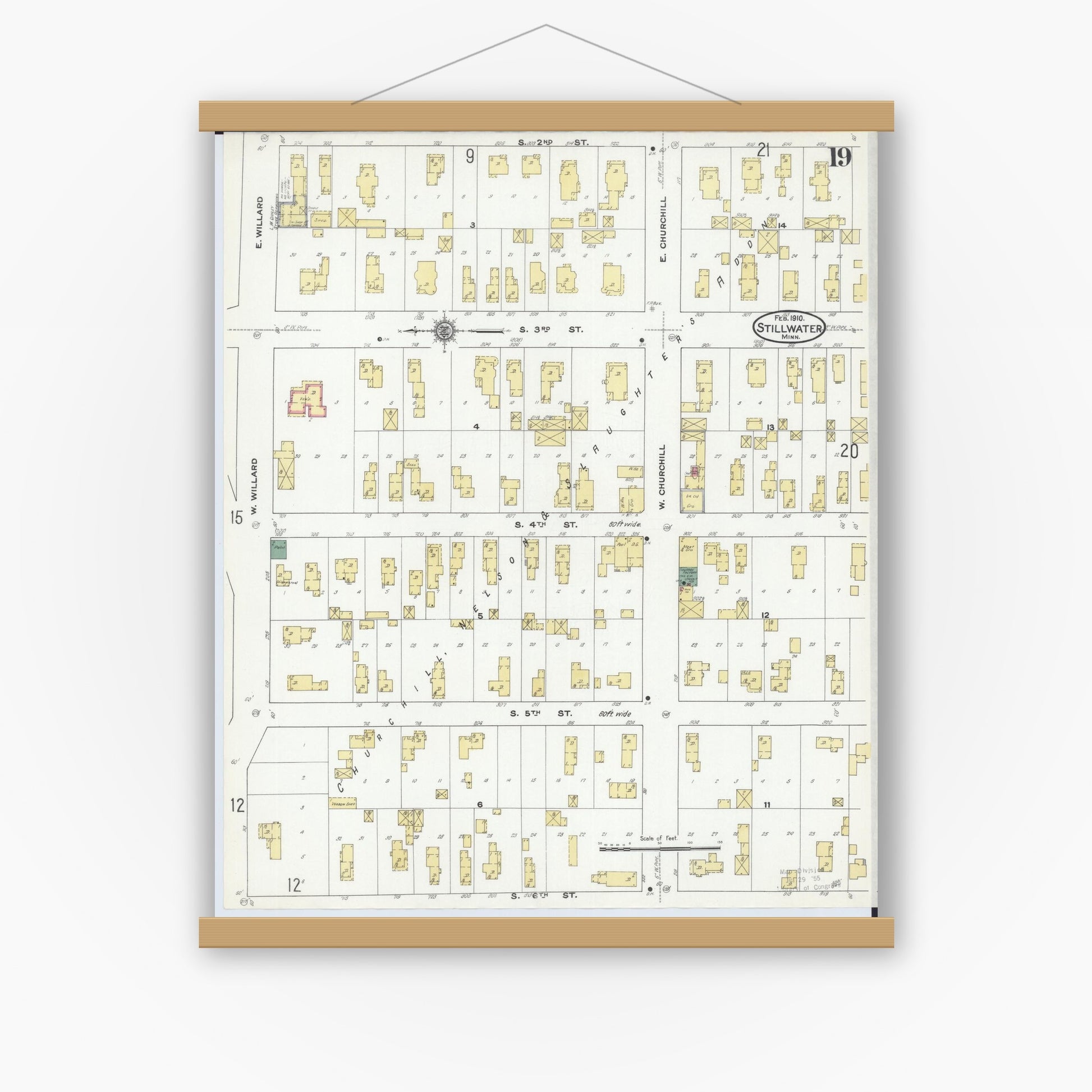Old map wall art mockup — magnetic wood frame on white wall — Sanborn Fire Insurance Map from Stillwater, Washington County, Minnesota (1910), Sheet #0019