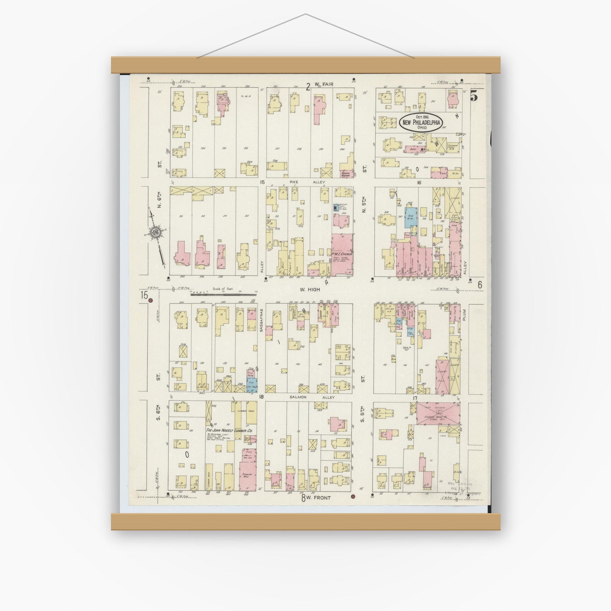 Old map wall art mockup — magnetic wood frame on white wall — Sanborn Fire Insurance Map from New Philadelphia, Tuscarawas County, Ohio (1914), Sheet #0005