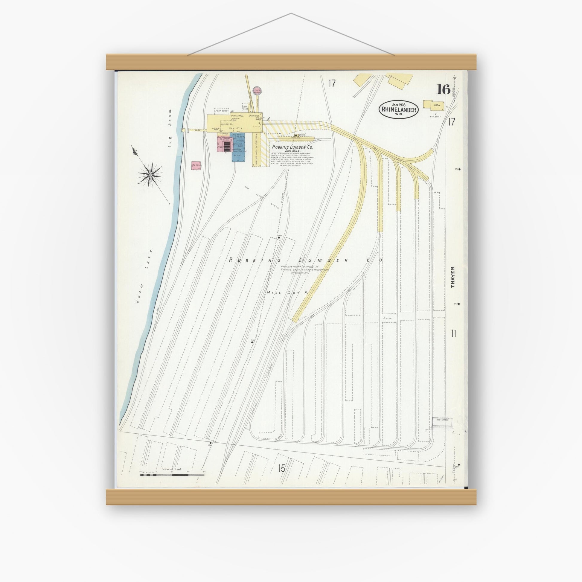 Old map wall art mockup — magnetic wood frame on white wall — Sanborn Fire Insurance Map from Rhinelander, Oneida County, Wisconsin (1908), Sheet #0016