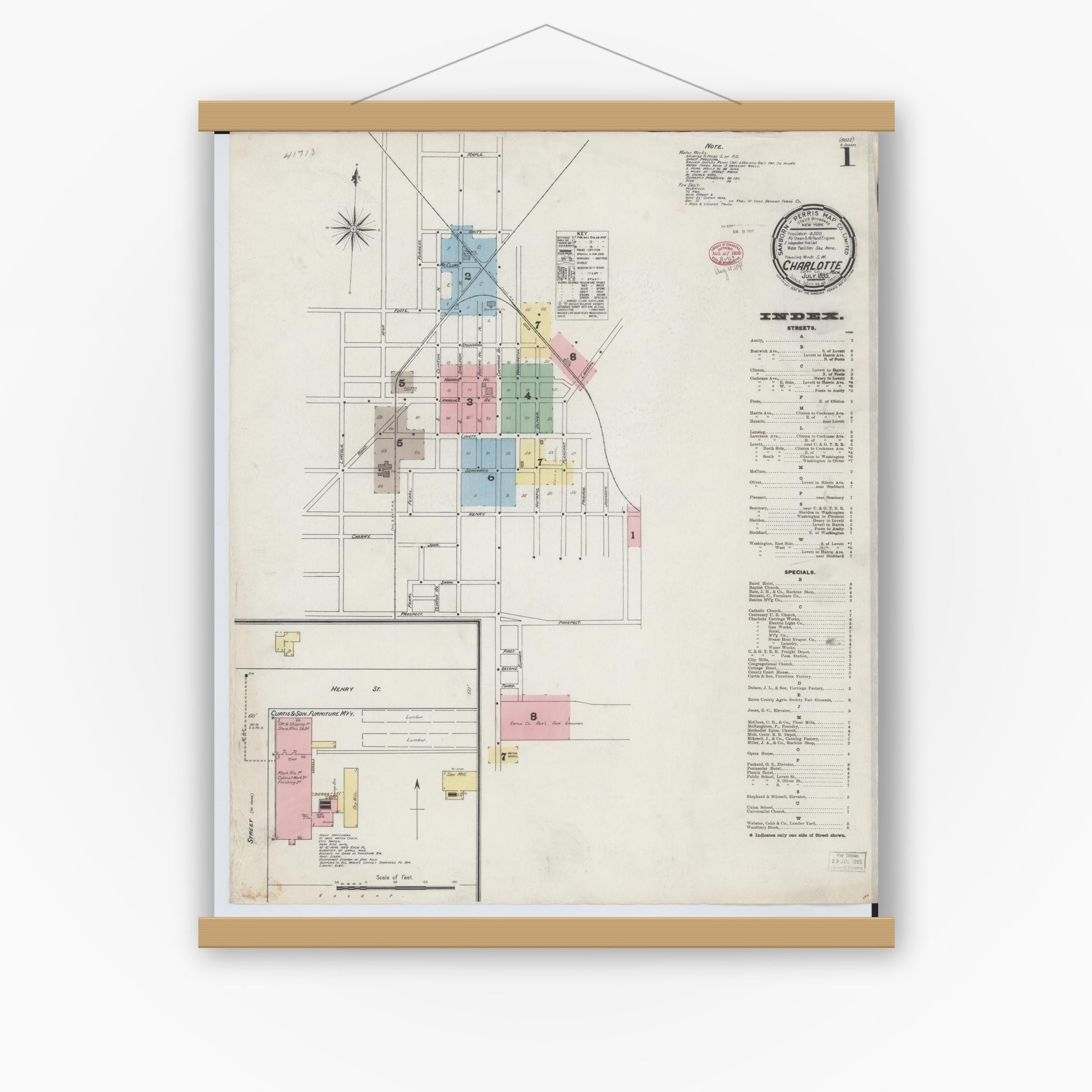 Old map wall art mockup — magnetic wood frame on white wall — Sanborn Fire Insurance Map from Charlotte, Eaton County, Michigan (1895), Sheet #0001