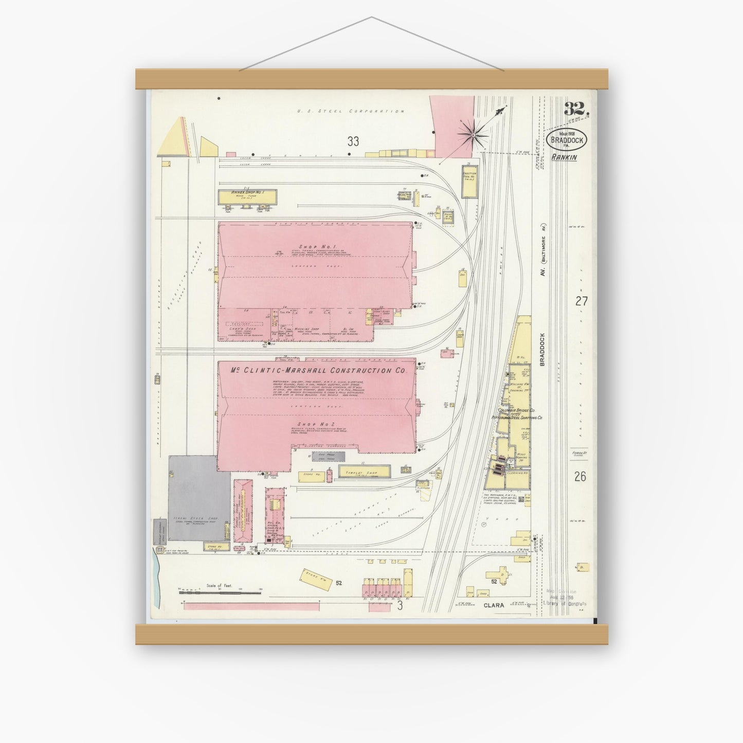Old map wall art mockup — magnetic wood frame on white wall — Sanborn Fire Insurance Map from Braddock, Allegheny County, Pennsylvania (1908), Sheet #0032