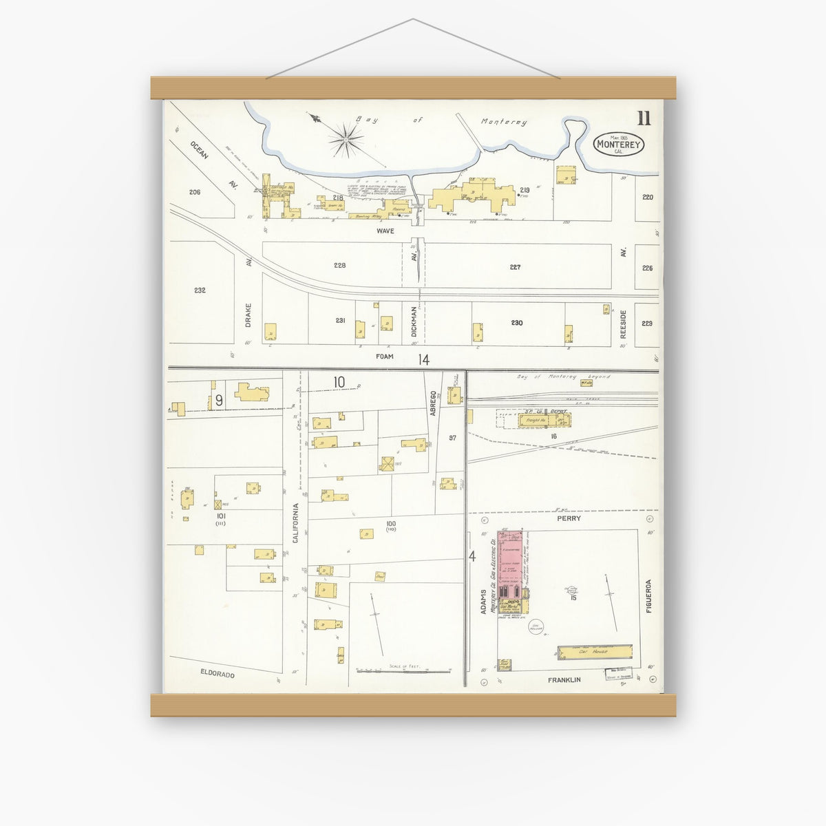 Old map wall art mockup — magnetic wood frame on white wall — Sanborn Fire Insurance Map from Monterey, Monterey County, California (1905), Sheet #0011