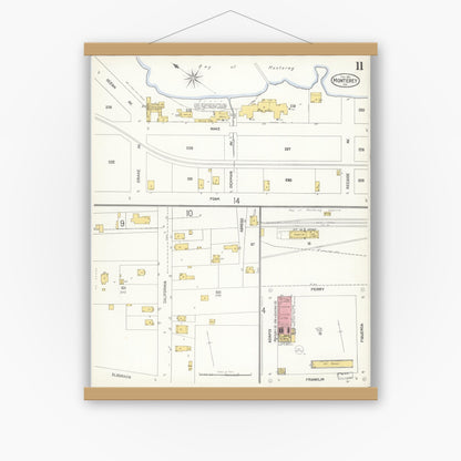 Old map wall art mockup — magnetic wood frame on white wall — Sanborn Fire Insurance Map from Monterey, Monterey County, California (1905), Sheet #0011