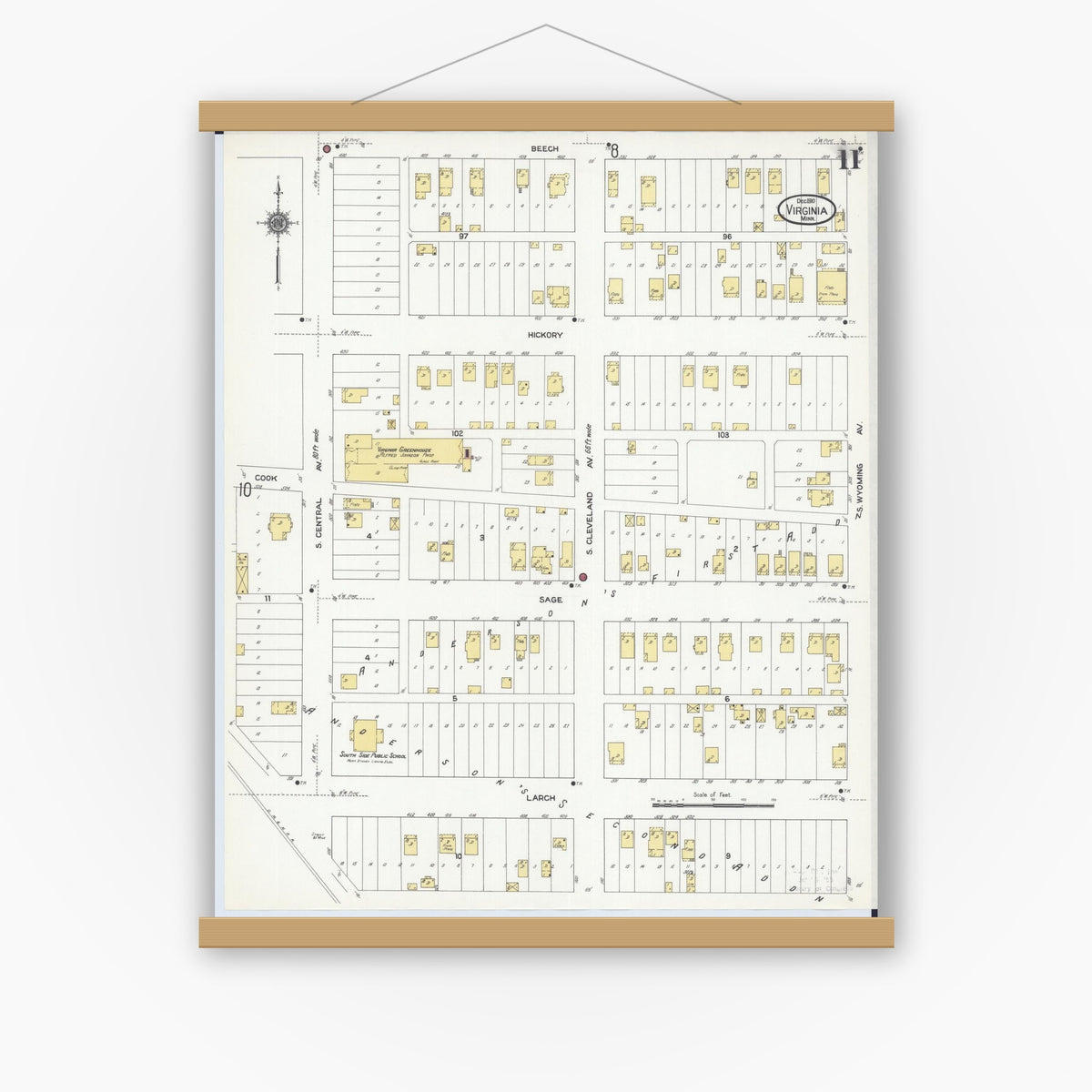 Old map wall art mockup — magnetic wood frame on white wall — Sanborn Fire Insurance Map from Virginia, Saint Louis County, Minnesota (1910), Sheet #0011