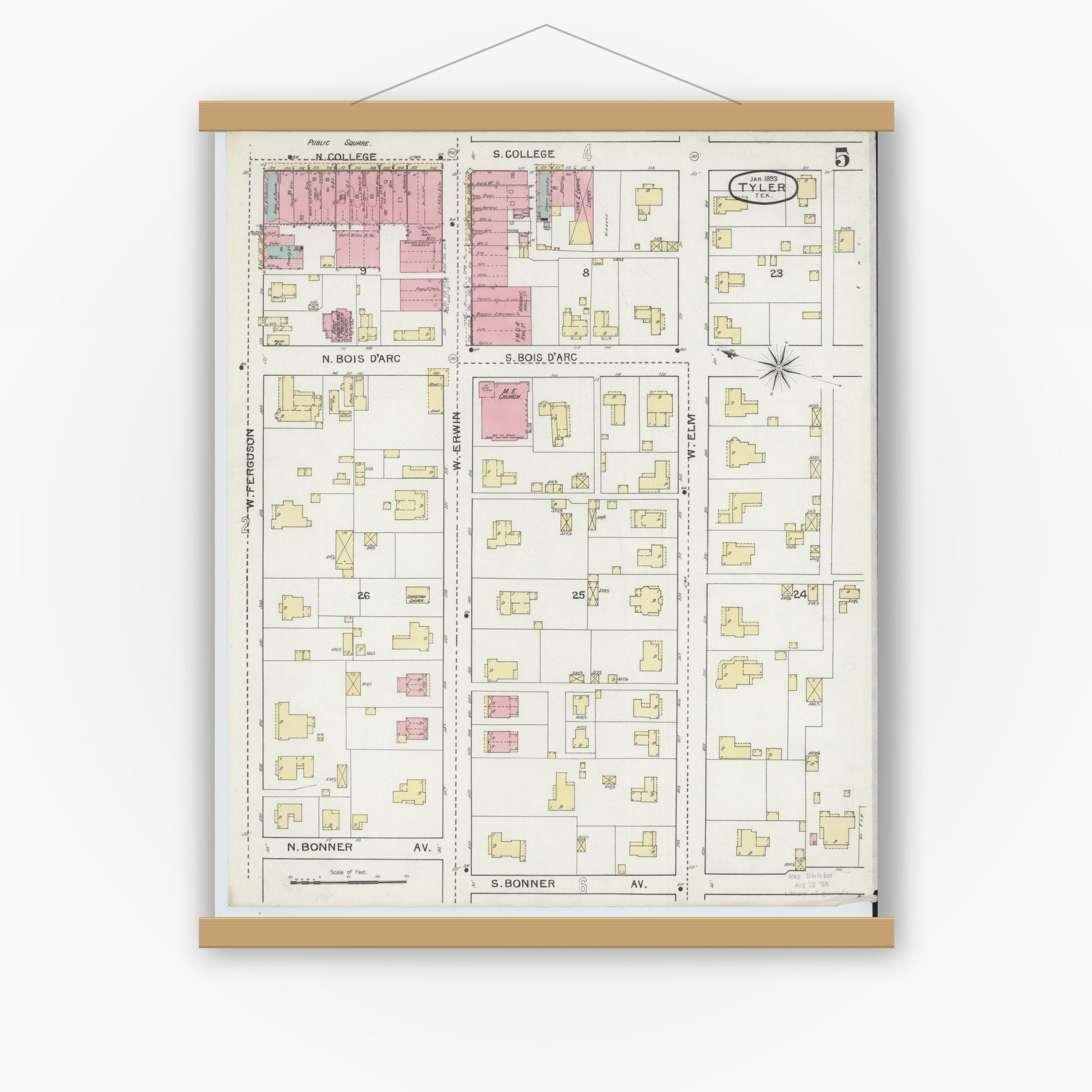 Old map wall art mockup — magnetic wood frame on white wall — Sanborn Fire Insurance Map from Tyler, Smith County, Texas (1893), Sheet #0005