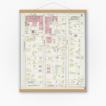 Old map wall art mockup — magnetic wood frame on white wall — Sanborn Fire Insurance Map from Tyler, Smith County, Texas (1893), Sheet #0005