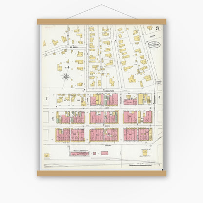 Old map wall art mockup — magnetic wood frame on white wall — Sanborn Fire Insurance Map from Palestine, Anderson County, Texas (1900), Sheet #0003