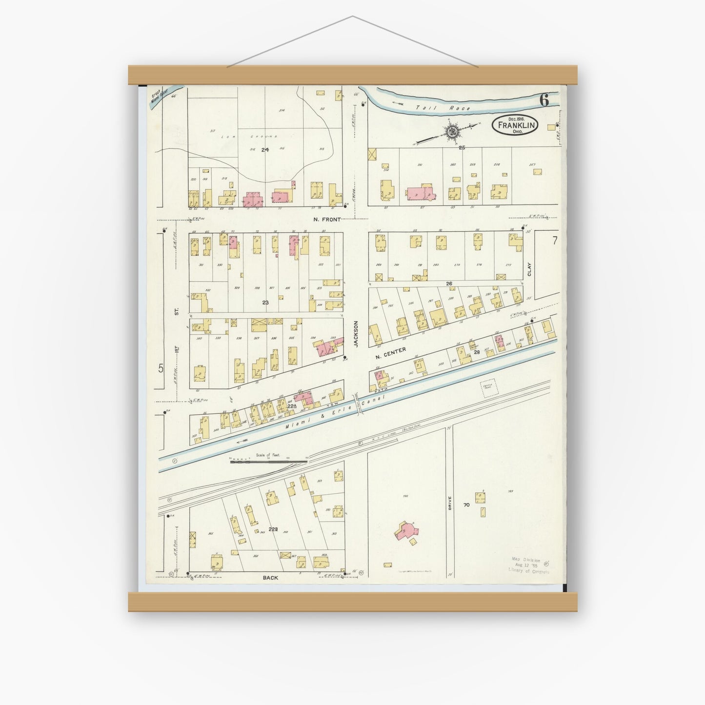 Old map wall art mockup — magnetic wood frame on white wall — Sanborn Fire Insurance Map from Franklin, Warren County, Ohio (1916), Sheet #0006