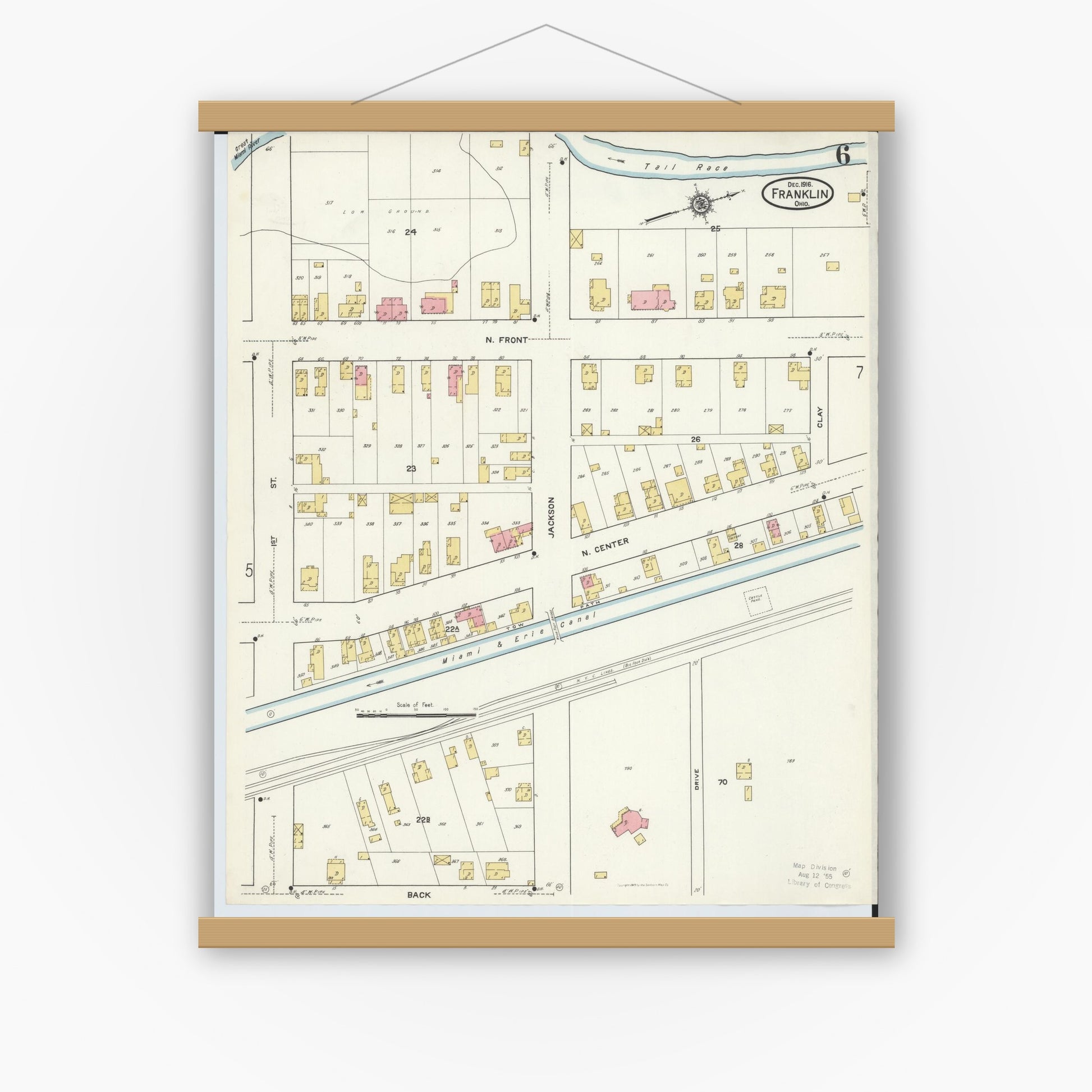 Old map wall art mockup — magnetic wood frame on white wall — Sanborn Fire Insurance Map from Franklin, Warren County, Ohio (1916), Sheet #0006