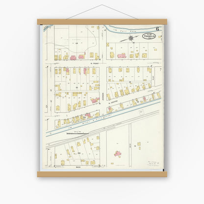 Old map wall art mockup — magnetic wood frame on white wall — Sanborn Fire Insurance Map from Franklin, Warren County, Ohio (1916), Sheet #0006
