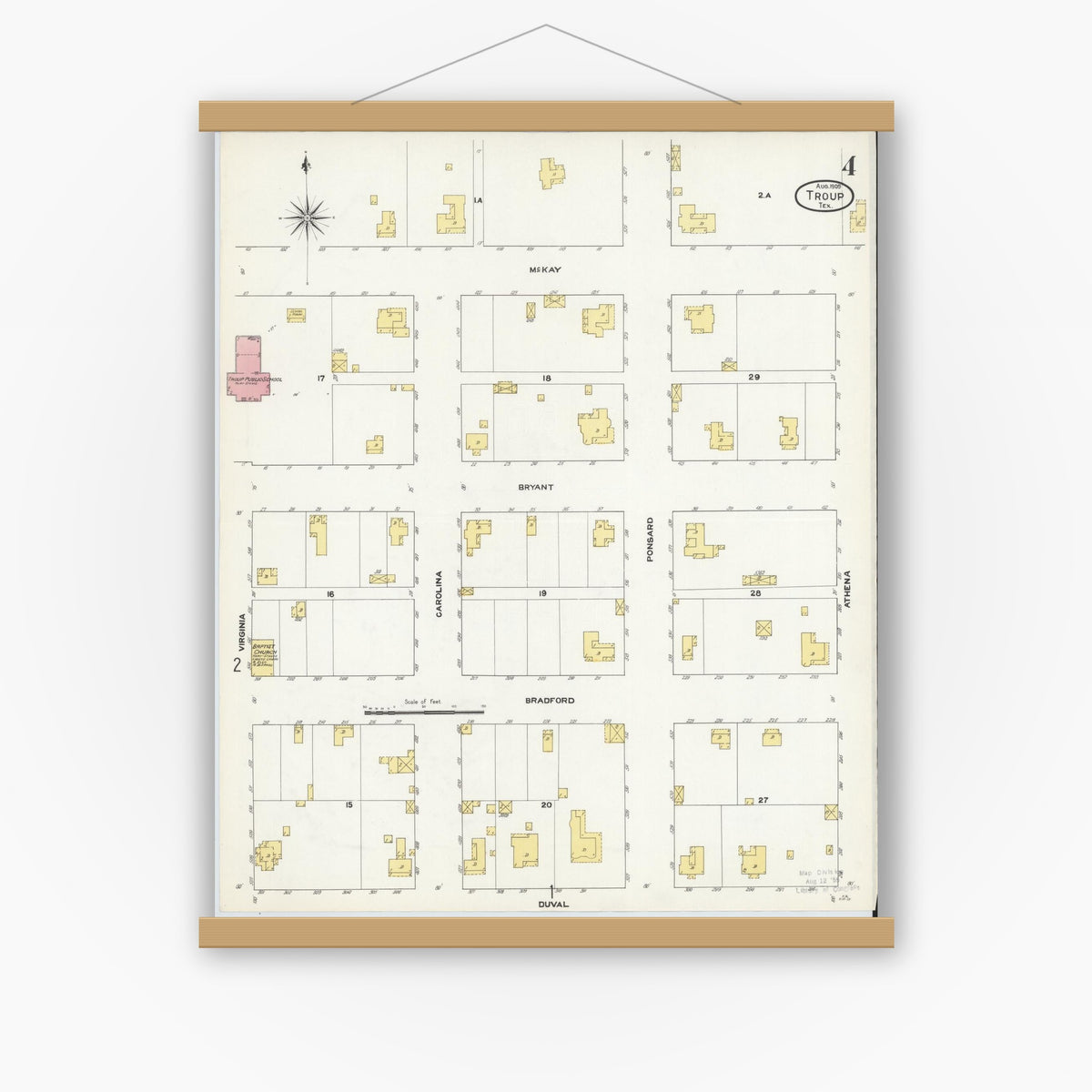 Old map wall art mockup — magnetic wood frame on white wall — Sanborn Fire Insurance Map from Troup, Smith County, Texas (1909), Sheet #0004