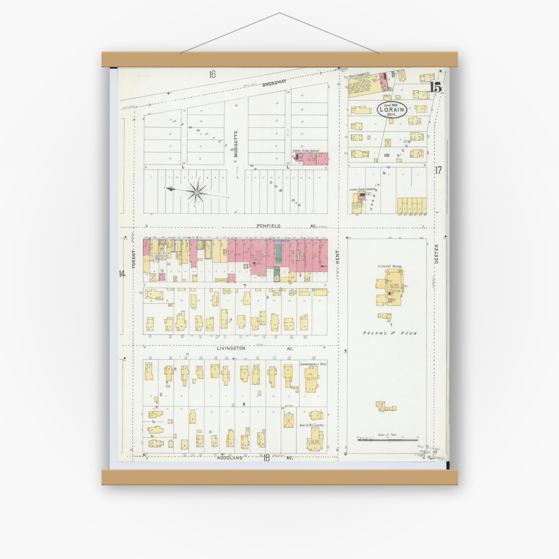 Old map wall art mockup — magnetic wood frame on white wall — Sanborn Fire Insurance Map from Lorain, Lorain County, Ohio (1905), Sheet #0015