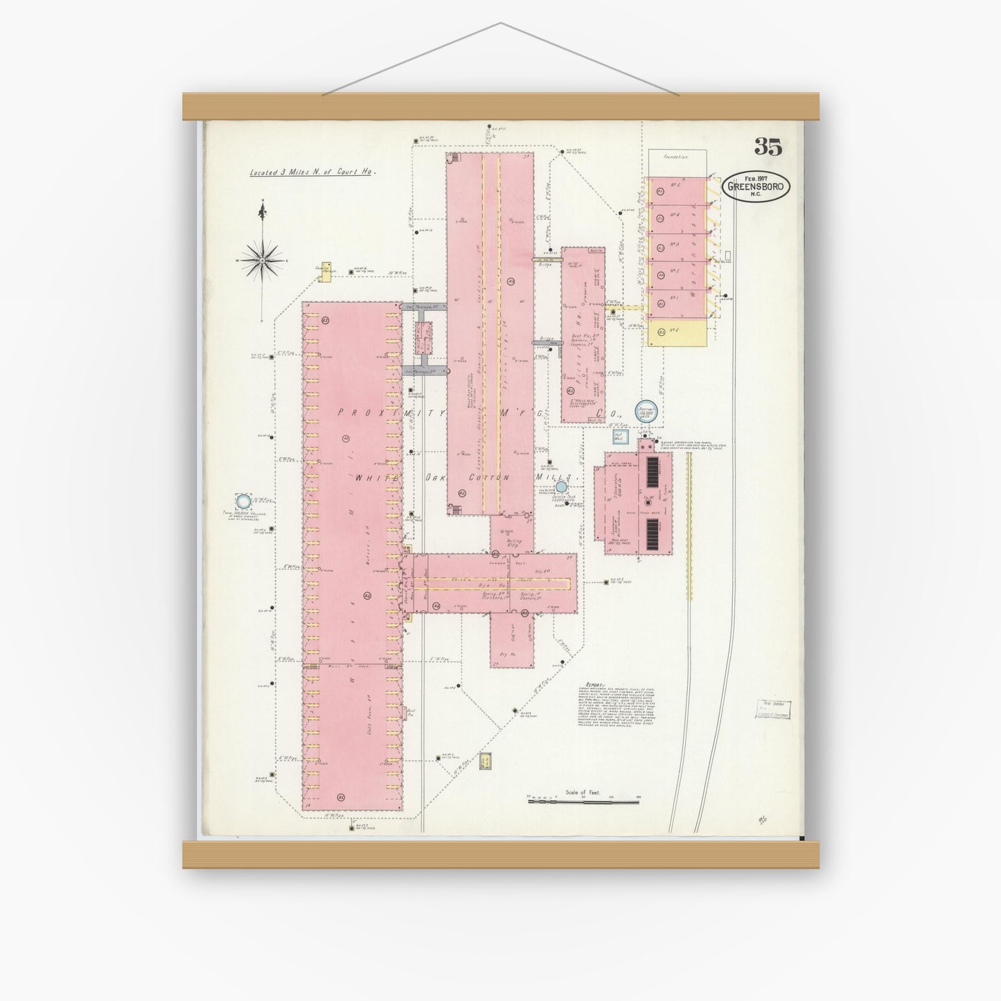 Old map wall art mockup — magnetic wood frame on white wall — Sanborn Fire Insurance Map from Greensboro, Guilford County, North Carolina (1907), Sheet #0035