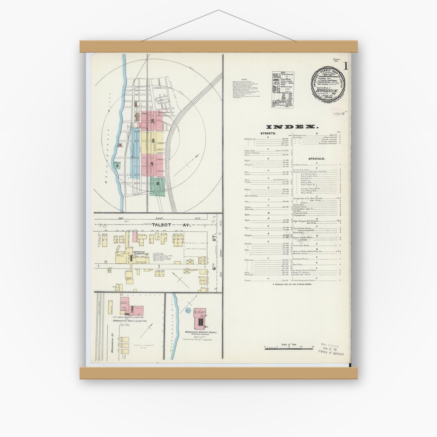 Old map wall art mockup — magnetic wood frame on white wall — Sanborn Fire Insurance Map from Braddock, Allegheny County, Pennsylvania (1891) - Complete Map Set