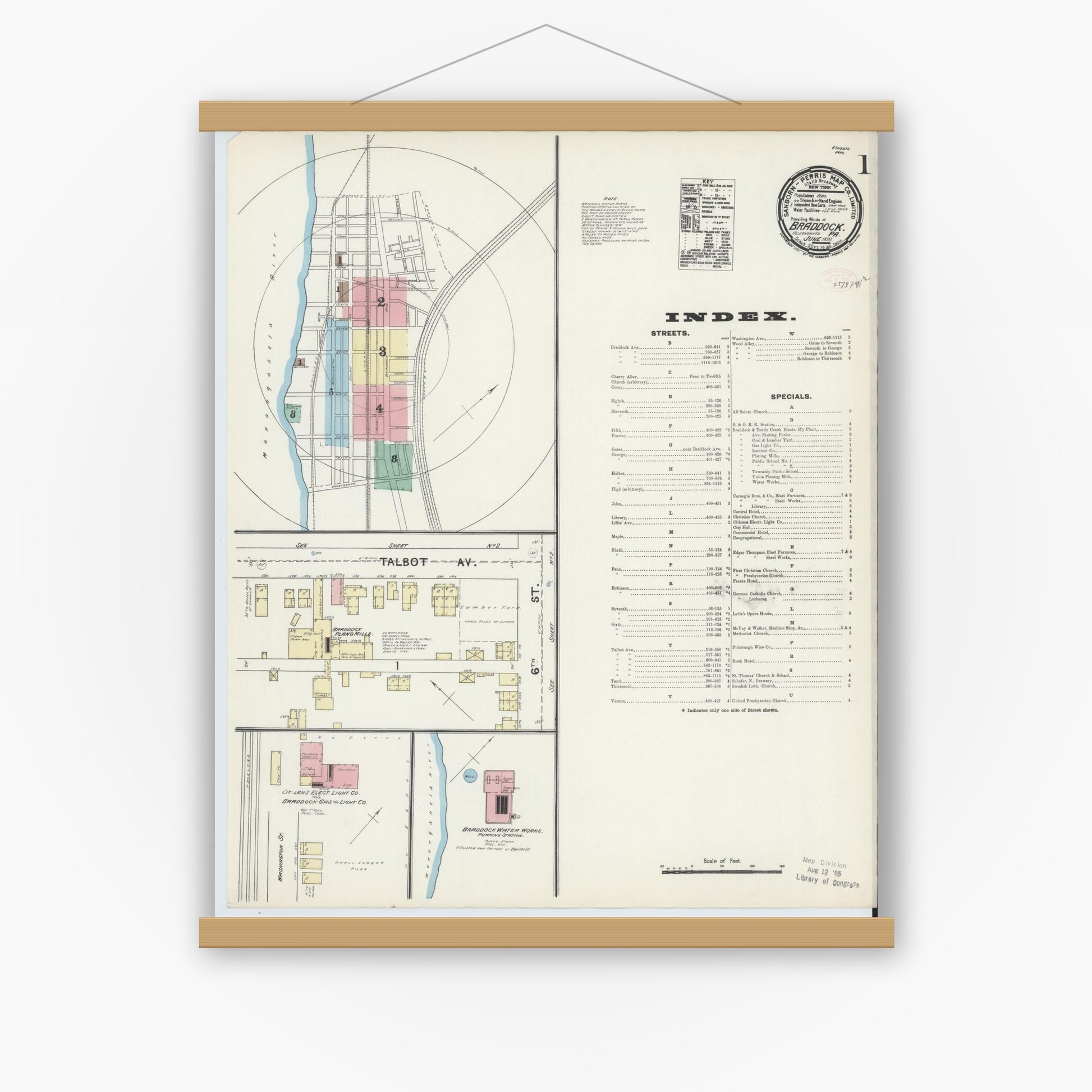 Old map wall art mockup — magnetic wood frame on white wall — Sanborn Fire Insurance Map from Braddock, Allegheny County, Pennsylvania (1891) - Complete Map Set