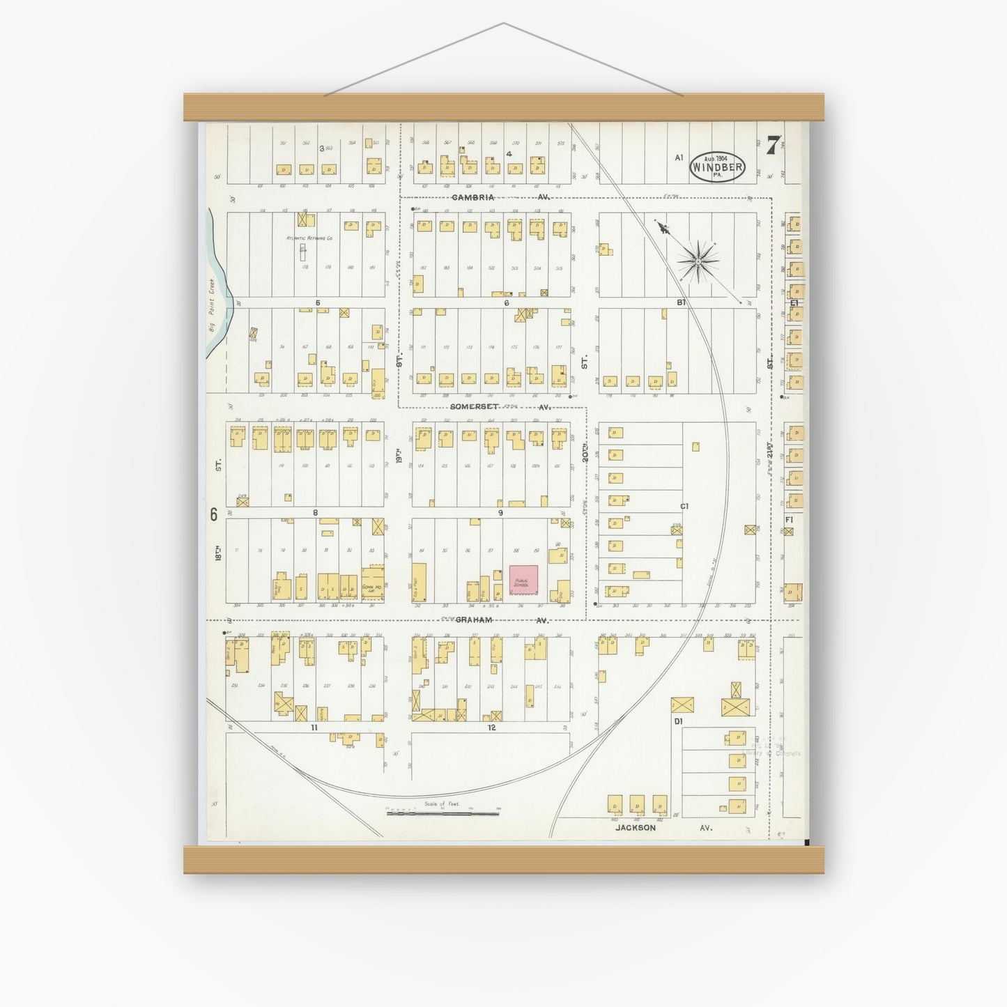 Old map wall art mockup — magnetic wood frame on white wall — Sanborn Fire Insurance Map from Windber, Somerset County, Pennsylvania (1904), Sheet #0007