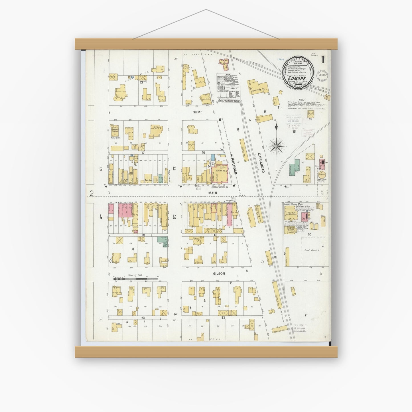 Old map wall art mockup — magnetic wood frame on white wall — Sanborn Fire Insurance Map from Edmore, Montcalm County, Michigan (1900), Sheet #0001