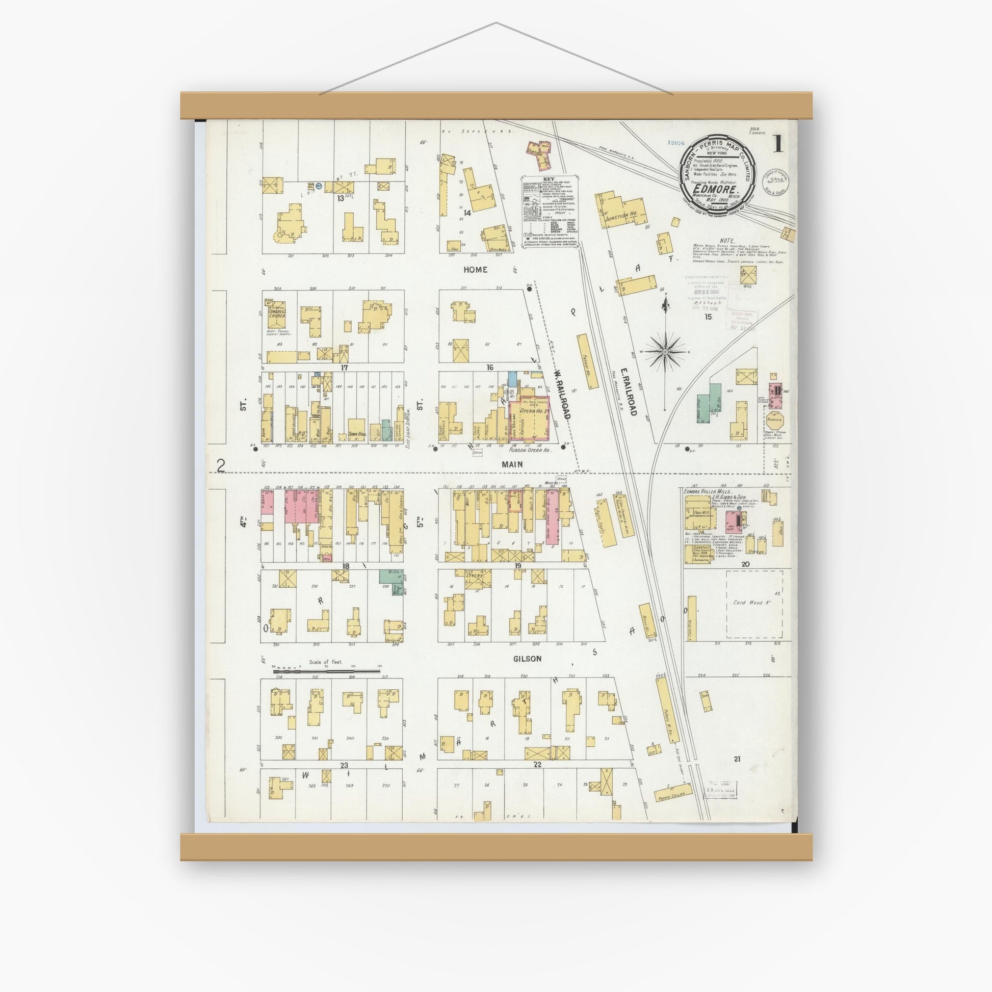 Old map wall art mockup — magnetic wood frame on white wall — Sanborn Fire Insurance Map from Edmore, Montcalm County, Michigan (1900), Sheet #0001